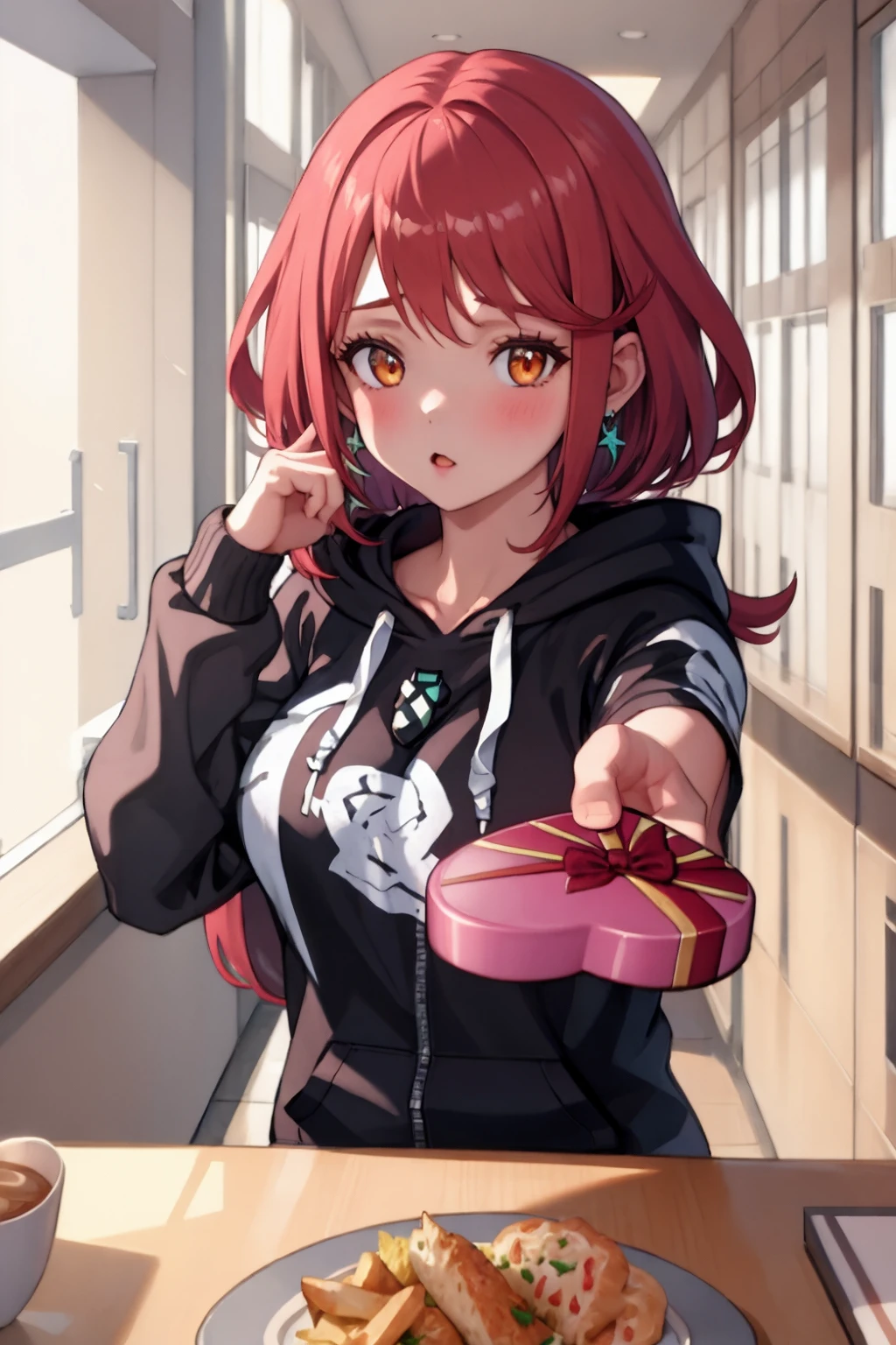High Quality, Masterpiece, 1girl, IncrsGift, <lora:IncomingValentineGiftPOVOneHandV3:1>, incoming gift, food, simple background, cup, blurry background, indoors, upper body, <lora:Pos_AcrossTable:1>, pyradef, earrings, chest jewel, <lora:Char_Xenoblade_Pyra:1>, hoodie, black hoodie,