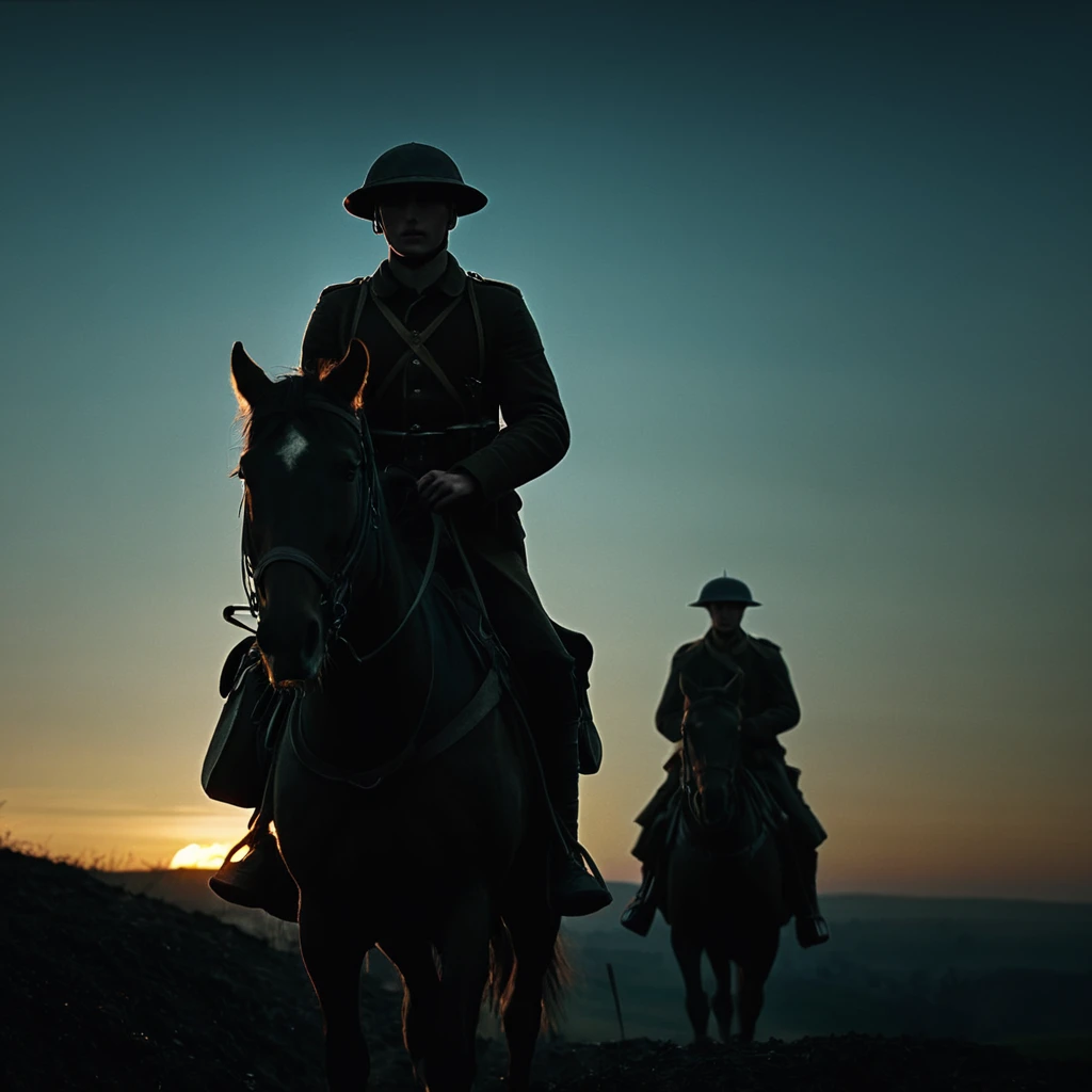 cinematic film still of <lora:Battlefield ww1 style:1>
from below,a British man riding a horse up a hill battlefield ww1 style,hat,holding,weapon,male focus,outdoors,multiple boys,sky,bag,gun,military,helmet,rifle,sunset,riding,horse,soldier,horseback riding,reins,saddle , war, war zone, battle, warrior, soldier, dark themed, cinematic, film look, world war 1, first world war, ww1, military, dramatic light, shallow depth of field, vignette, highly detailed, high budget, bokeh, cinemascope, moody, epic, gorgeous, film grain, grainy