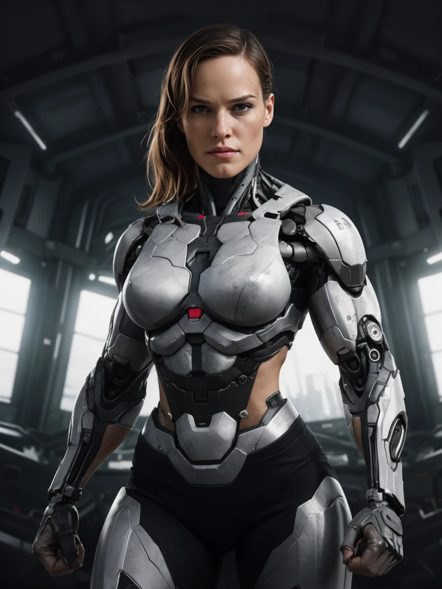 AJGC, muscular female warrior in leather armor with a mechanical arms, muscular, cyborg arm <lora:AJGC_sdxl_scaled:0.7>