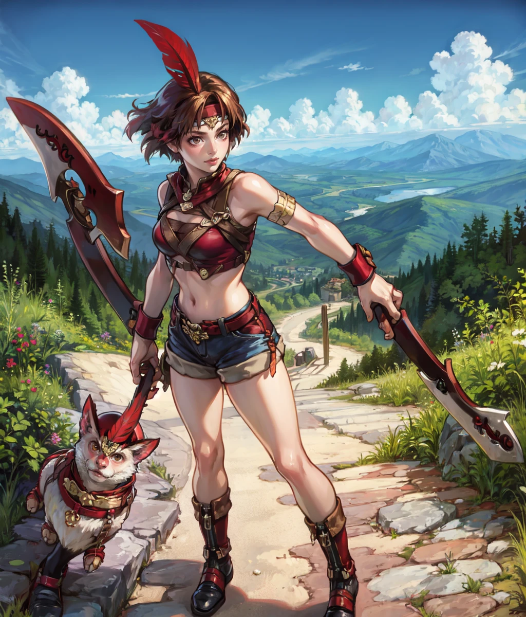 masterpiece, 1 girl, solo, short hair, brown hair, red top, shorts, wristband, headband, feather, wristbands, boomerang, full body, outdoors, mountain, cowboy shot  <lora:Faylen:1>