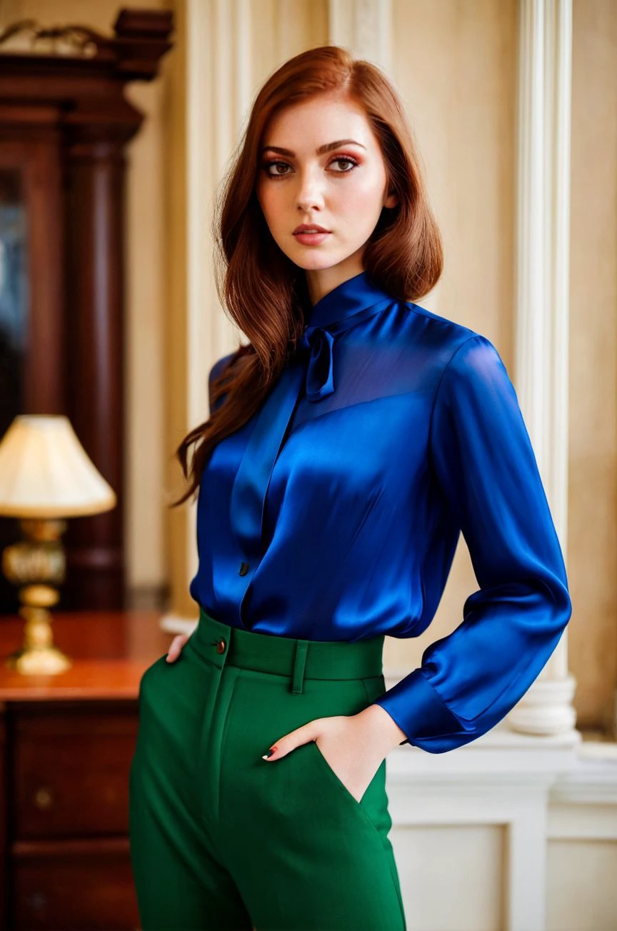 A stunning intricate full color picture of a beautiful woman, wearing a high-waisted trousers with a silk blouse in a historic mansion, closeup,, epic character composition,by ilya kuvshinov, alessio albi, nina masic,sharp focus, subsurface scattering, f2, 35mm, film grain<lora:natlust:1>