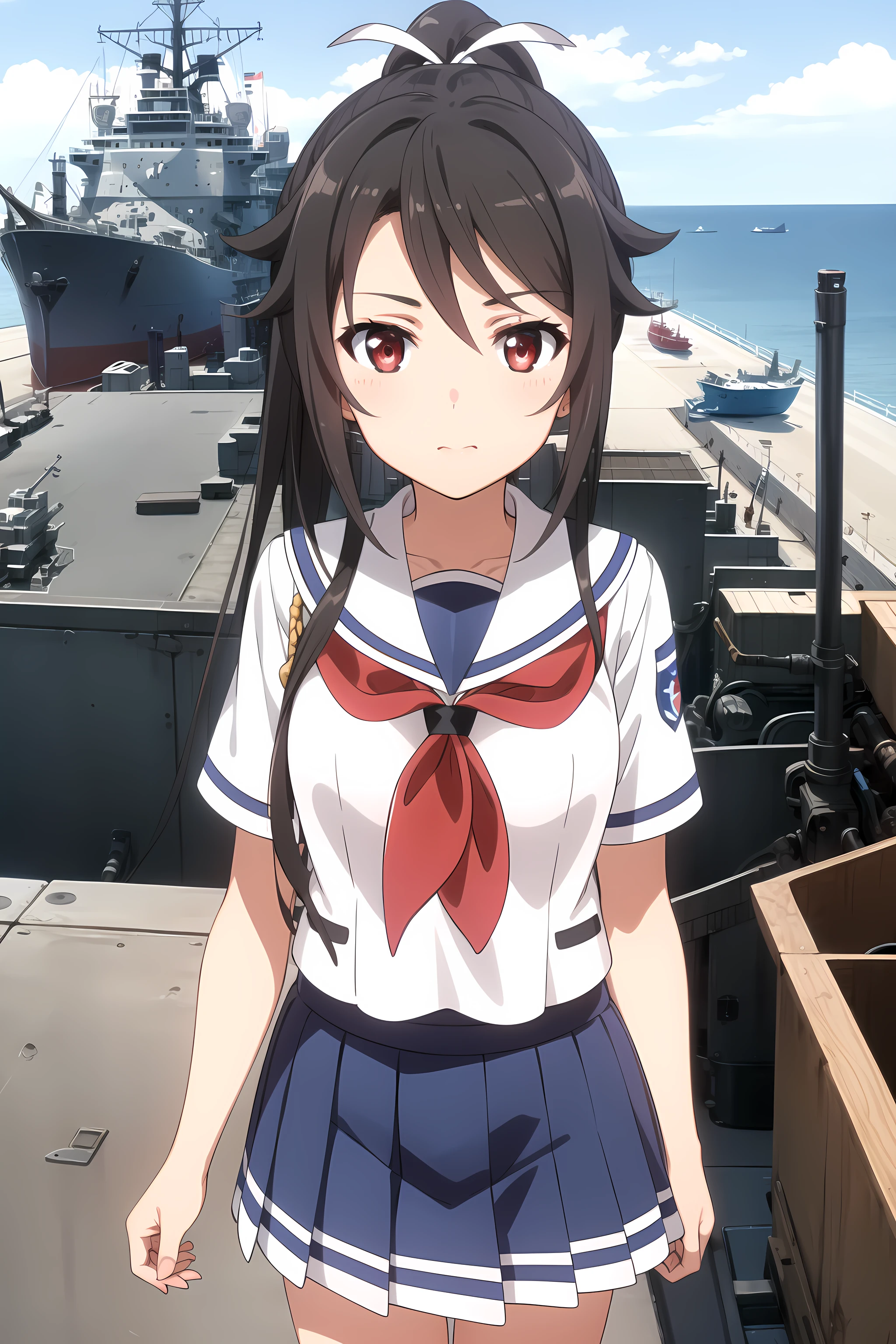 best quality, masterpiece, detailed,
<lora:HighSchoolFleet_MunetaniMashiro:0.8>, MunetaniMashiro,
1girl, closed mouth,
brown hair, red eyes, ponytail, hair ribbon, white ribbon,
serafuku, white shirt, aiguillette, red neckerchief, blue skirt, short sleeves,
standing, looking at viewer, arms at sides,
(ship, military vehicle:1.2)