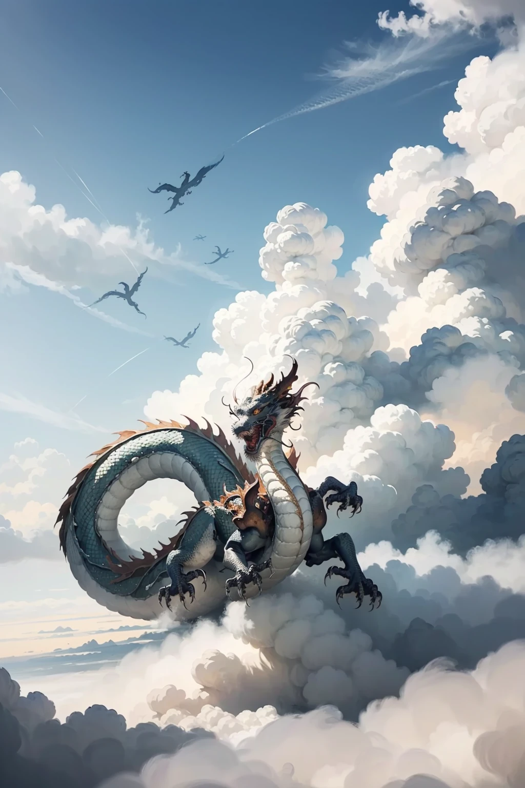 loong,cloudy sky,claws,eastern dragon,long tail,whiskers,chinese new year,cloud,no humans,gunzan,sky,cloud horizon,sun,outdoors,QINGLONG,SOLO,(Science fiction),((Soaring in the clouds and riding in the fog)),(((The dragon body disappears and appears in the clouds))),(full body:1.3),(ink wash painting:1.2),east asian architecture,<lora:0221 loong_v2:1>,ruanyi0221,(((floating in the clouds))),(from below:1.2),, best quality,masterpiece,highres,official art,extremely detailed cg unity 8k wallpaper