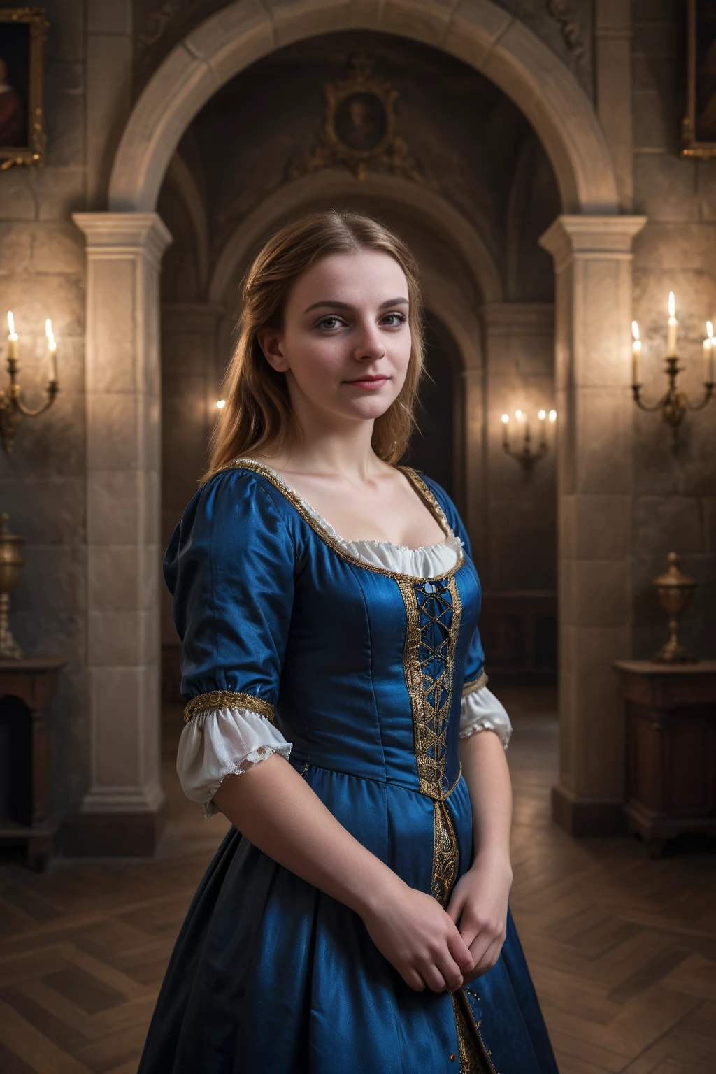 19 yo girl wearing renaissance dress for photo by Rembrandt Van Rijn in midnight baroque castle hall, digital art, 8K artistic photography, octane render, beautiful composition, trending on artstation, award-winning photograph, masterpiece <lora:castle lady xl:0.4>
