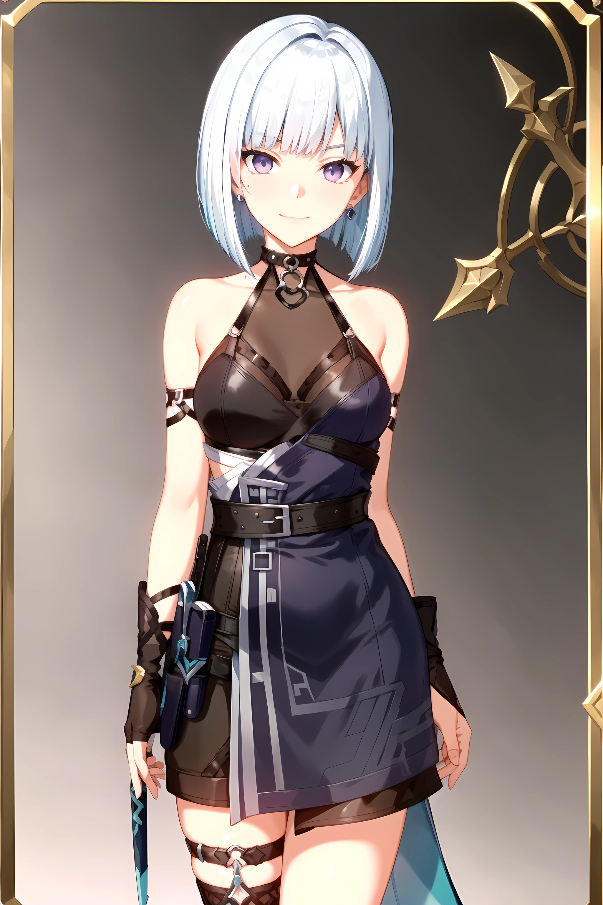 best quality, masterpiece, detailed,
<lora:TowerOfGod_KhunKiseia_TEST:0.8>, KhunKiseia,
1girl, closed mouth, light smile,
blue hair, purple eyes, short hair, blunt bangs, bob cut,
assassin dress, jewelry, halterneck, asymmetrical clothes, black belt, 
standing, looking at viewer, facing viewer,
simple background