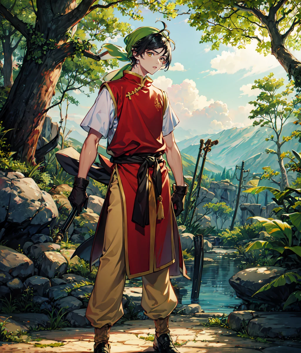 masterpiece, anime screencap, 1 boy, solo, black hair, bandana, chinese clothes, red shirt, white sleeves, yellow pants, full body, outdoors, forest, cowboy shot <lora:Tir:1>