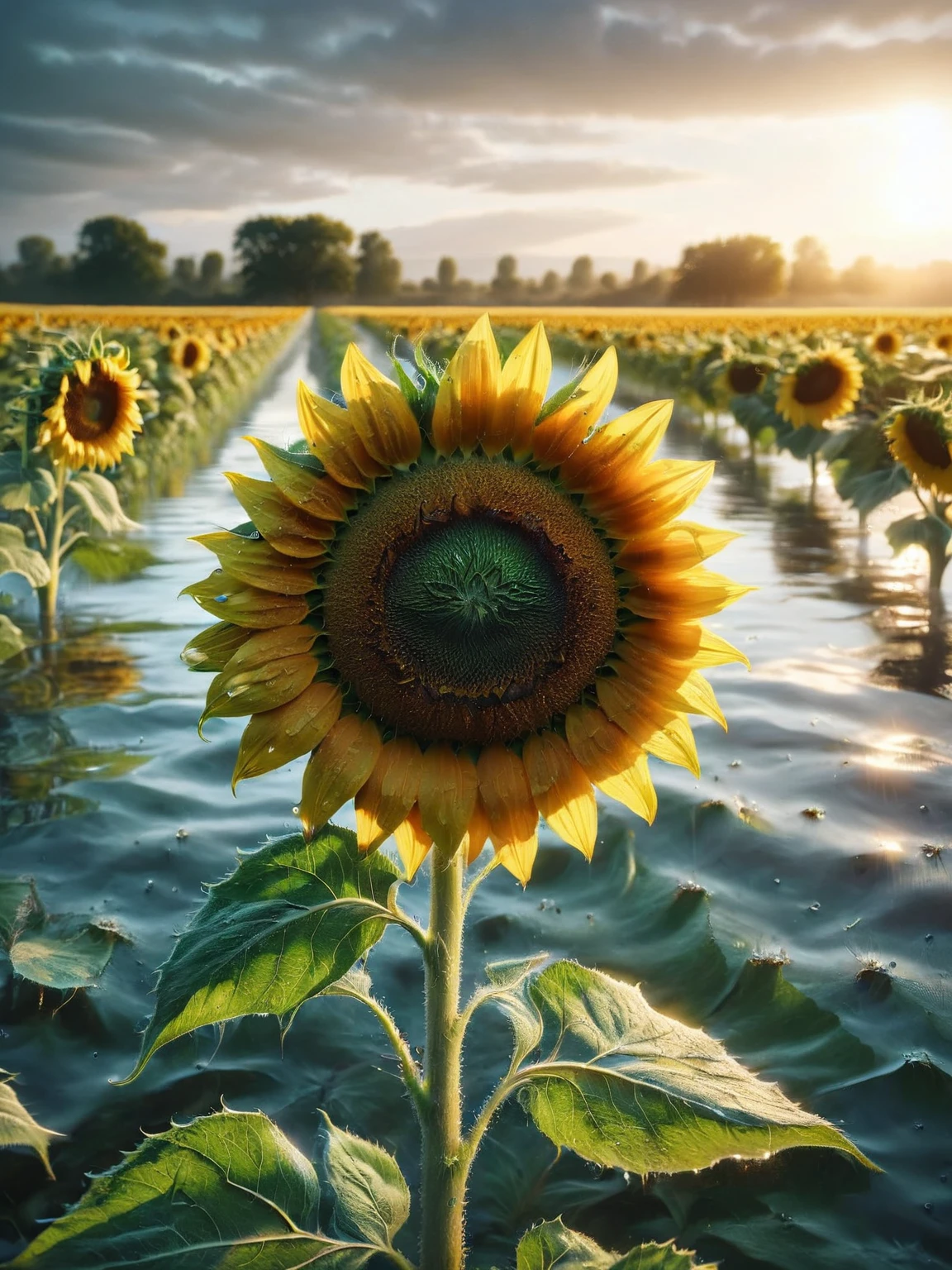 ais-fld a vibrant sunflower in a field at dawn <lora:Flooded_SDXL:1>