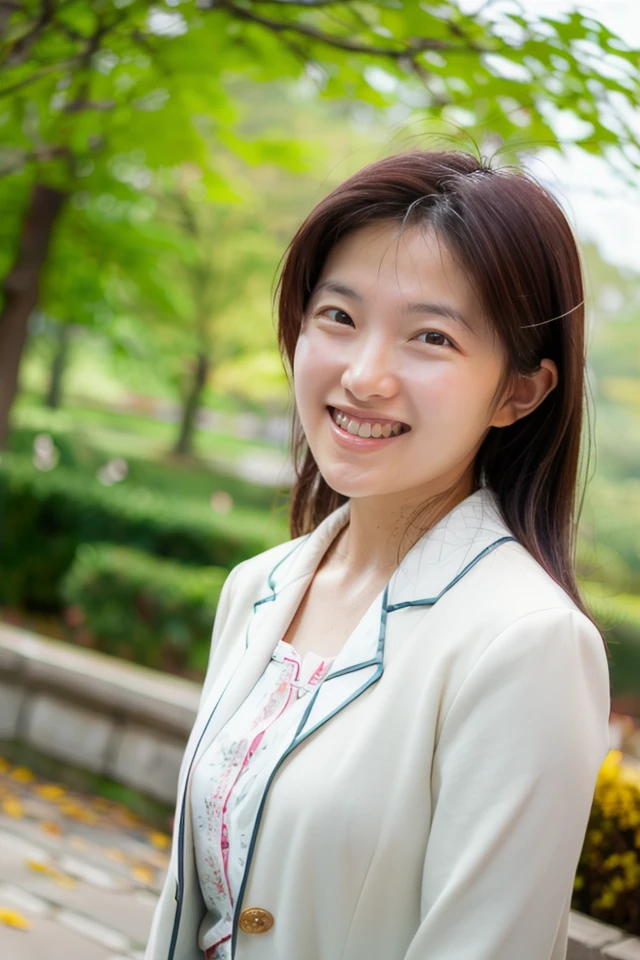 a young woman with black hair and long hair, smiling at the camera in a park, sunlight shining on her face, background with leaves and bokeh effect, bright and happy atmosphere, high quality and realistic, no noise
beautiful white teeth
<lora:shihoMegaSelect5R:1> shiho, "Luxe satin pajama set with a blazer-style top and contrasting piping."