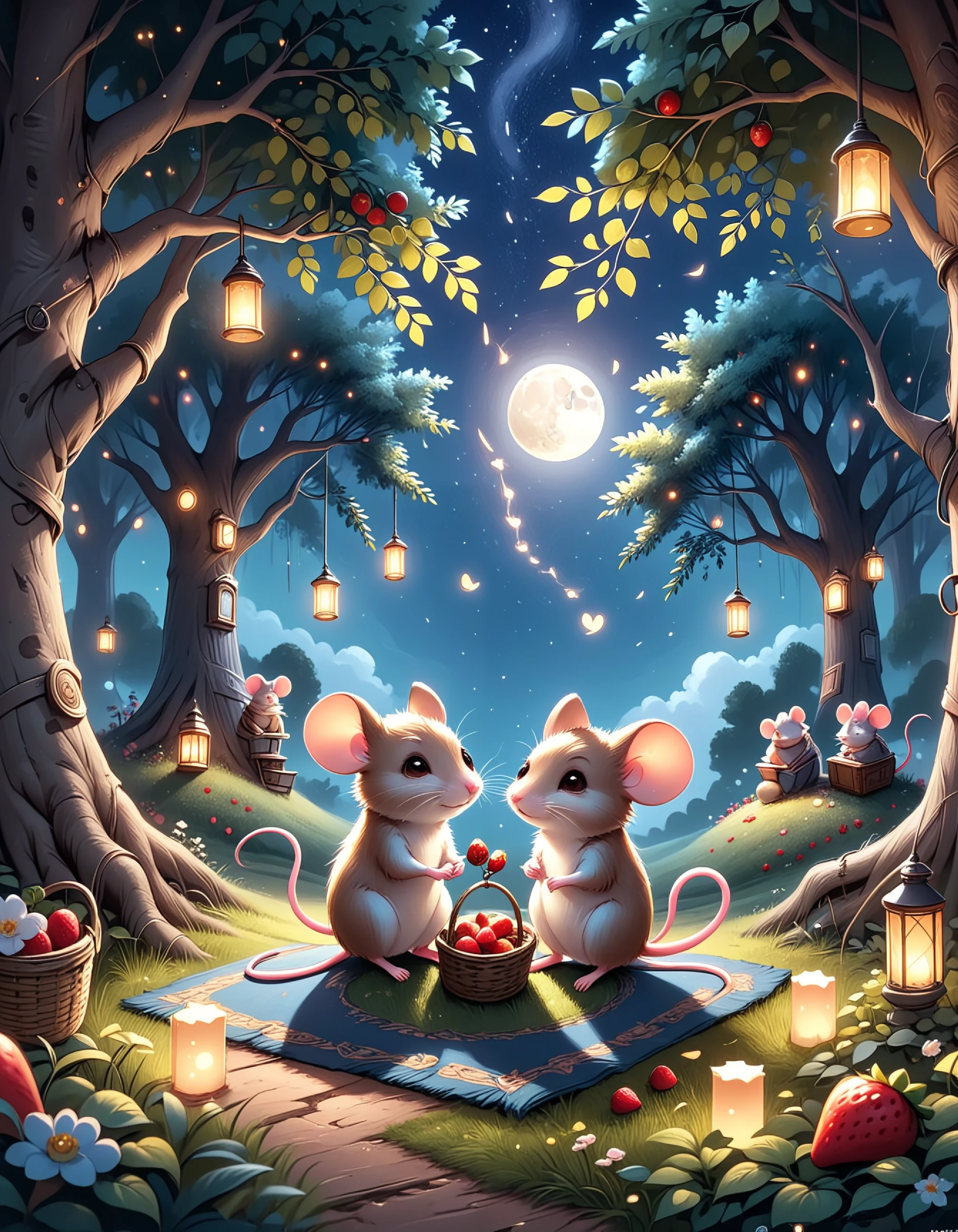 mic3, Two mice in a whimsical forest under a starry, moonlit sky. One mouse stands on a branch, holding a lantern, while the other sits on a small patch of rug at the base of a tree. Multiple lanterns hang from the tree branches, illuminating the scene. A basket filled with strawberries and a book rest beside them. Fireflies add a magical glow around the vibrant greenery and flowers.