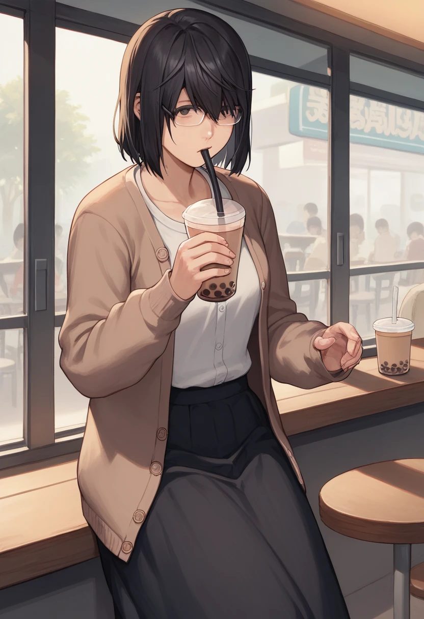 score_9, score_8, score_7, source_anime,
rating_general,
<lora:saori-ponyxl-000030:1> shirosakisaori, glasses,
cardigan, black skirt, long skirt,
1girl, solo, cafe, bubble tea, lively atmosphere