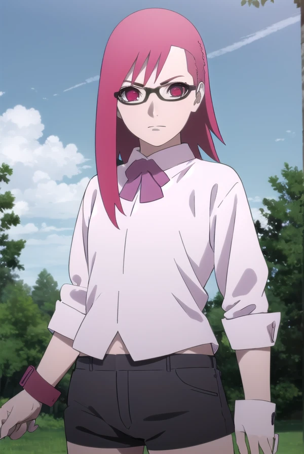 karinuzumaki, <lora:karin uzumaki-lora-nochekaiser:1>,
karin uzumaki, (red eyes:1.3), red hair, glasses,
BREAK shirt, shorts, wrist cuffs, black shorts, long sleeves,
BREAK outdoors, forest, nature, trees, sun, sky, clouds,
BREAK looking at viewer, (cowboy shot:1.5),
BREAK <lyco:GoodHands-beta2:1>, (masterpiece:1.2), best quality, high resolution, unity 8k wallpaper, (illustration:0.8), (beautiful detailed eyes:1.6), extremely detailed face, perfect lighting, extremely detailed CG, (perfect hands, perfect anatomy),