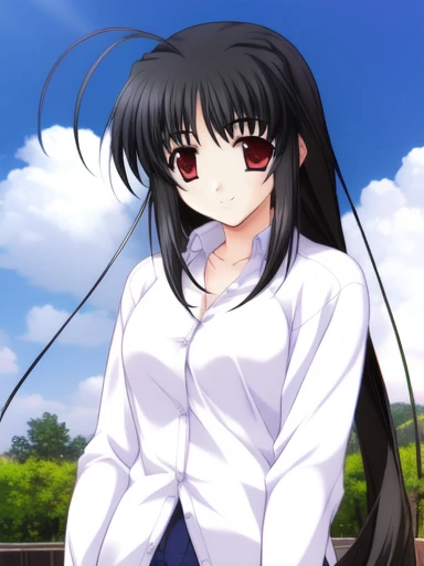 <lora:Mashita_Haruka:0.8>, MashitaHaruka, 1girl, solo, watch, wristwatch, shirt, long sleeves, antenna hair, hair_ribbon, low-tied_long_hair, dress shirt, breasts, smile, white shirt, looking at viewer, sky, outdoor,
masterpiece, high quality, very_high_resolution, large_filesize, full color,
