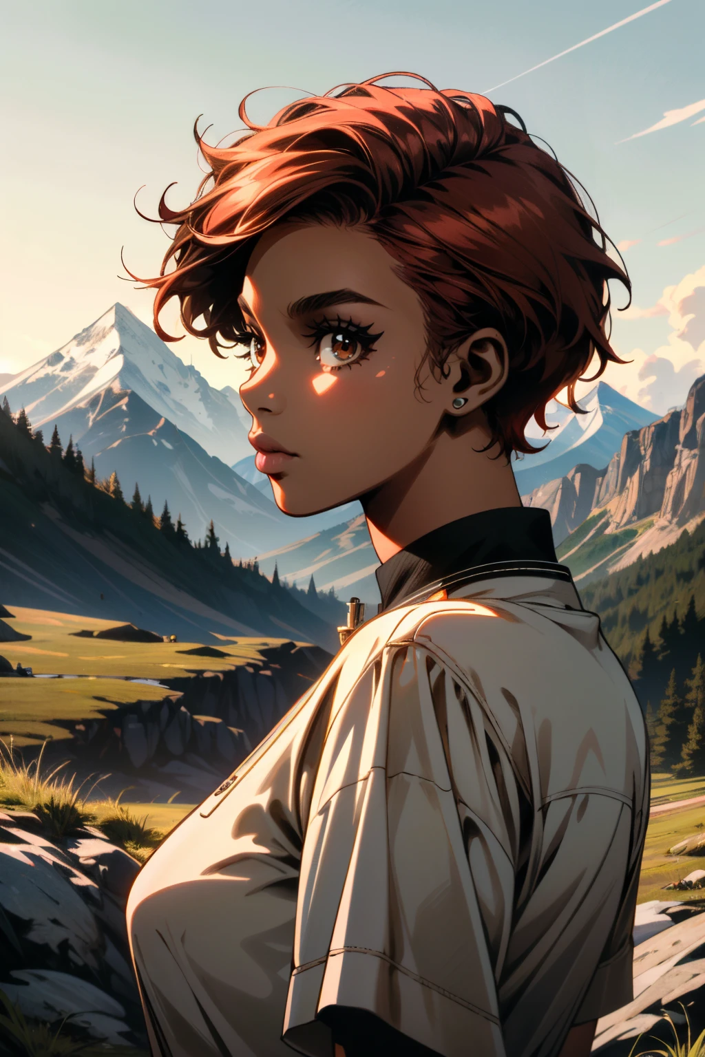 ((ultra detailed, masterpiece, absurdres))
<lora:DPDIMJamie:0.9>
DPDIMJamie, 1girl, dark skin, brown eyes, short hair, red hair, mountain trail, midday, clear and crisp light illuminating the landscape