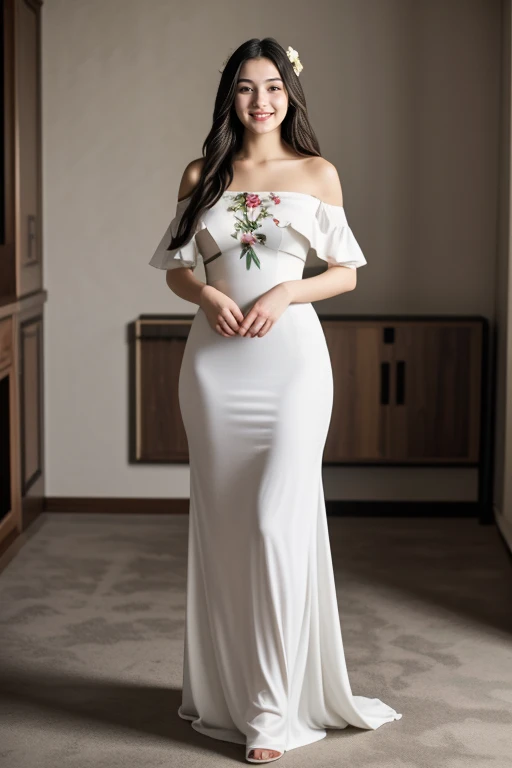 ((1 girl, 22 y.o, Masterpiece, best quality, cinematic lighting, 8k, full body shot, long hair, hourglass body)), (smile:0.85), (realistic background:1.2)
<lora:Long_Dress_H6_By_Stable_yogi:1> white off-shoulder dress, floral print