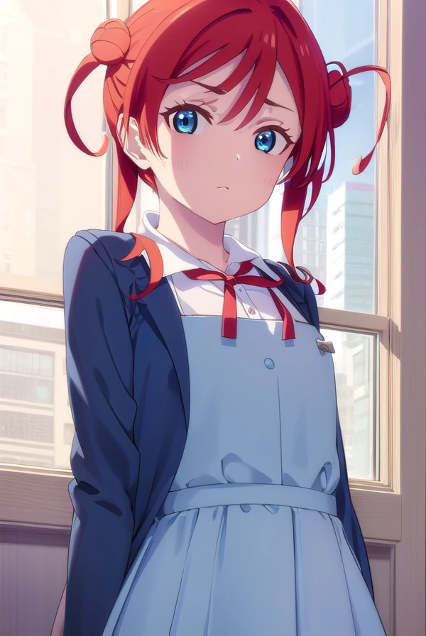 meiyoneme, <lora:mei yoneme s2-lora-nochekaiser:1>,
mei yoneme, bangs, blue eyes, hair between eyes, red hair, hair bun, single hair bun, single side bun,
BREAK shirt, dress, ribbon, school uniform, jacket, white shirt, open clothes, collared shirt, open jacket, red ribbon, neck ribbon, blue jacket, pinafore dress, grey dress, yuigaoka school uniform,
BREAK indoors, classroom,
BREAK looking at viewer, (cowboy shot:1.5),
BREAK <lyco:GoodHands-beta2:1>, (masterpiece:1.2), best quality, high resolution, unity 8k wallpaper, (illustration:0.8), (beautiful detailed eyes:1.6), extremely detailed face, perfect lighting, extremely detailed CG, (perfect hands, perfect anatomy),