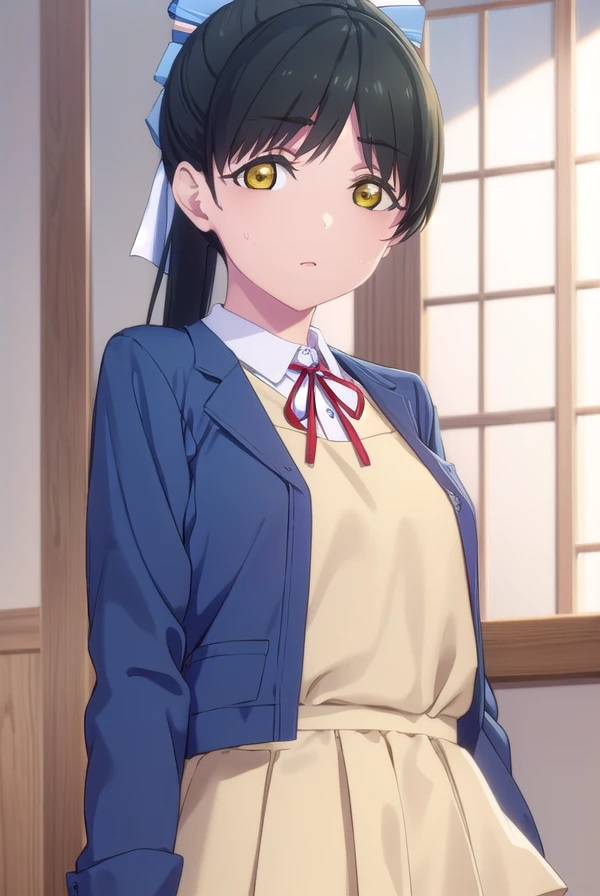 renhazuki, <lora:ren hazuki s2-lora-nochekaiser:1>,
ren hazuki, long hair, bangs, black hair, bow, (yellow eyes:1.3), ponytail, hair bow, high ponytail,
BREAK shirt, dress, ribbon, school uniform, jacket, white shirt, open clothes, collared shirt, open jacket, red ribbon, neck ribbon, blue jacket, pinafore dress, grey dress, yuigaoka school uniform,
BREAK indoors, classroom,
BREAK looking at viewer, (cowboy shot:1.5),
BREAK <lyco:GoodHands-beta2:1>, (masterpiece:1.2), best quality, high resolution, unity 8k wallpaper, (illustration:0.8), (beautiful detailed eyes:1.6), extremely detailed face, perfect lighting, extremely detailed CG, (perfect hands, perfect anatomy),