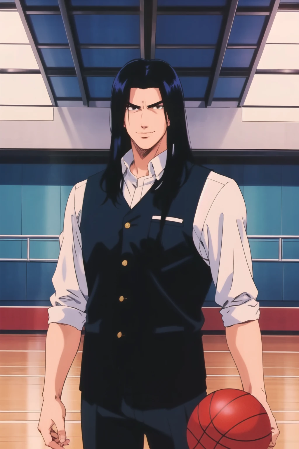 masterpiece,best quality,highres,<lora:Mitsui Hisashi:0.6>,Mitsui Hisashi,1boy,solo,black hair,long hair,school uniform,black eyes,looking at viewer,evil smile,basketball court,indoors,cowboy shot,long sleeves,black pants,