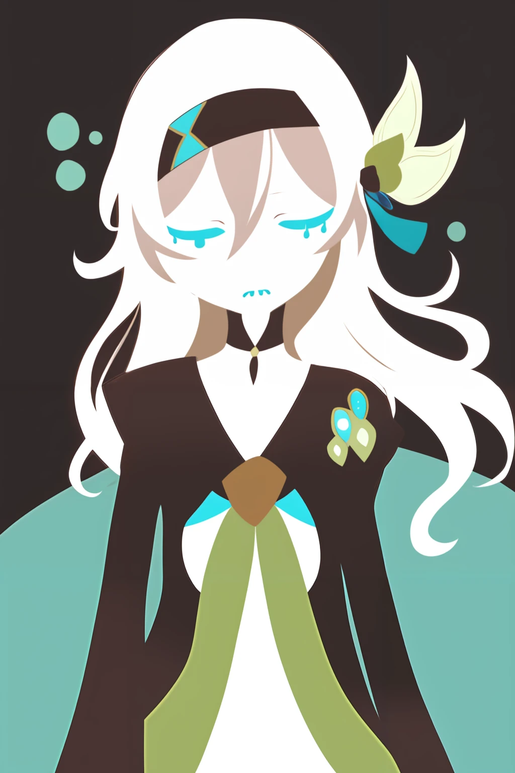 masterpiece, best quality, <lora:style23:1>,flat color, closed eyes, tears, broken heart,
<lora:firefly-v2-kozue:1>,1girl, solo, long hair, looking at viewer, green skirt, bangs, long sleeves, white hair, hair ornament,close mouth, black hairband, blue eyes, hair between eyes,green thighhighs,