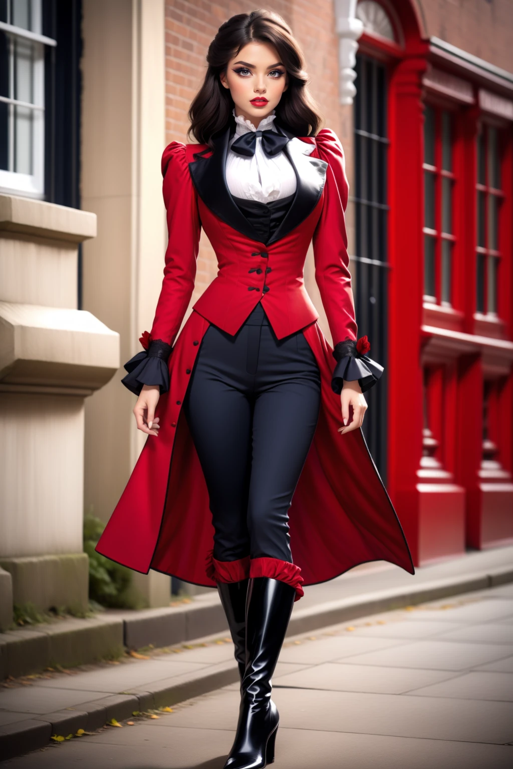 cinematic film still 1girl, solo, adult mature woman, high quality, best quality, highres, high detail,   <lora:VictorianRidingOutfit:0.75>, r1d3r, (red  ornate:1.2 formal jacket), long sleeves, (tailcoat), crimson striped pants,  ascot, frills,  high collar,  high heel boots, cuffs, buttons, flower, puffy sleeves, cleavage cutout, breasts apart, lace, parted lips, eyeliner, eyeshadow, makeup, red lips, [mini top hat]   . shallow depth of field, vignette, highly detailed, high budget, bokeh, cinemascope, moody, epic, gorgeous, film grain, grainy