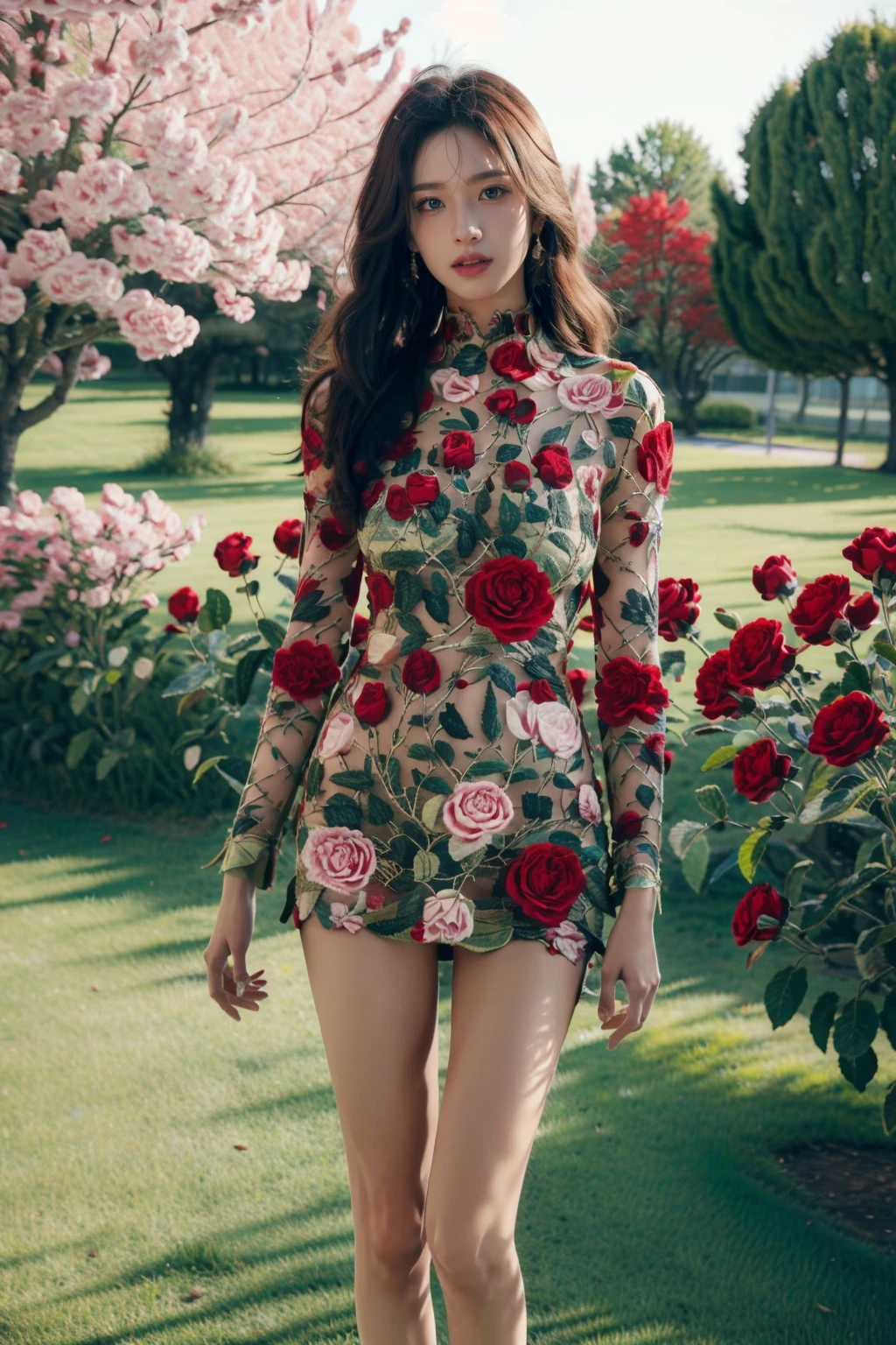 1girl,solo,medium breasts,outdoors,<lora:GoodHands-beta2:1>,<lora:0223 flower_v1:0.9>,ruanyi0223,flower,barefoot,(cowboy shot:1.2),(thigh gap:1.1),, best quality,masterpiece,highres,official art,extremely detailed cg unity 8k wallpaper