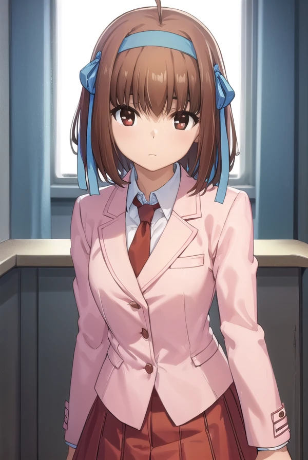 soratakanashi, <lora:sora takanashi s1-lora-nochekaiser:1>,
sora takanashi, short hair, brown hair, ribbon, (brown eyes:1.5), hair ribbon, ahoge, hairband, blue ribbon, blue hairband,
BREAK skirt, school uniform, jacket, necktie, blazer, (pink blazer:1.2), (red skirt:1.2),
BREAK indoors, classroom,
BREAK looking at viewer, (cowboy shot:1.5),
BREAK <lyco:GoodHands-beta2:1>, (masterpiece:1.2), best quality, high resolution, unity 8k wallpaper, (illustration:0.8), (beautiful detailed eyes:1.6), extremely detailed face, perfect lighting, extremely detailed CG, (perfect hands, perfect anatomy),