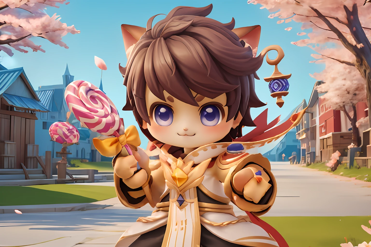 chibi, masterpiece, best quality, ultra-detailed, 1boy, solo,  ragnarok_doram_m, smile, holding candy, holding lollipop,  cowboy shot, looking at viewer,  cherry blossoms, Golden hour gleam theme, vivid colors, tranquil and magical atmosphere, cartoon rendering,
<lora:ragnarok_doram_m-10:0.8> <lora:add_detail:0.5>