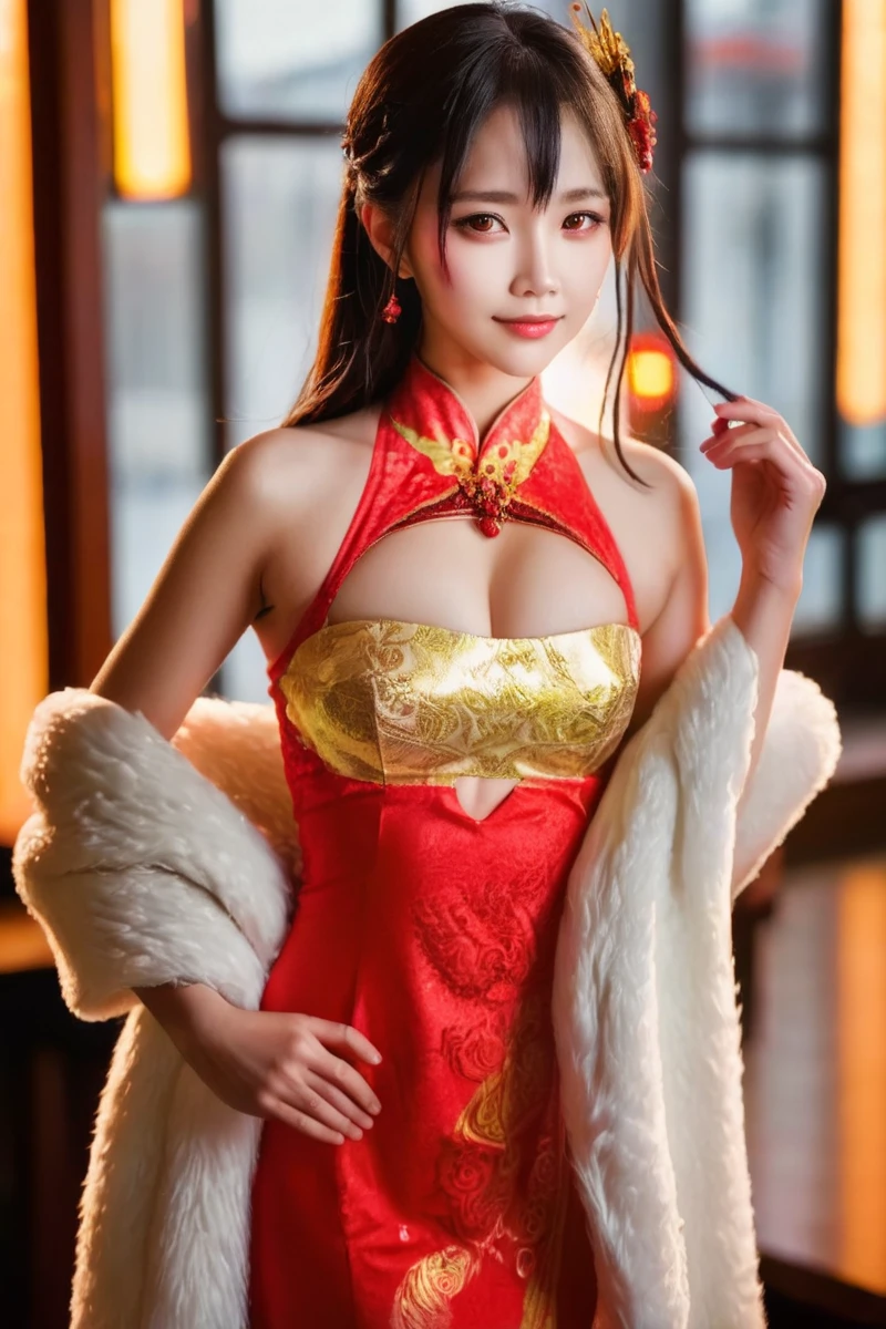 score_9,score_8_up,(masterpiece,best quality,ultra high res:1.1),side_light,(bokeh:1.3),(simple background:1.3),(looking at viewer:0.9),
1girl,breasts apart,22yo,upper body,
<lora:neg4all_bdsqlsz_xl_V7:1>,
<lora:RMSDXL_Enhance:1>,
light makeup,light smile,<lora:dfxc_XL_0_:1.1>,dfxc,red_dress,full body,fur scarf,cheongsam,in the waiting hall of central station,sunlight through the glass to form a beam,