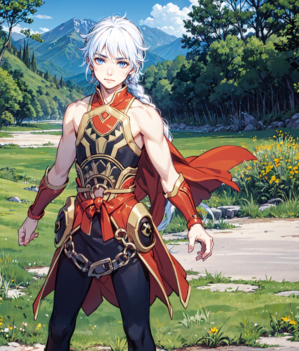 masterpiece, anime screencap, 1 boy, solo, white hair, blue eyes, braid, red black outfit, bare shoulders, bare arms, wristbands, full body, outdoors, chinese mountain, cowboy shot <lora:Freyjadour:1>