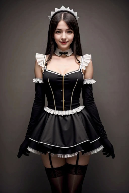 ((1 girl, 22 y.o, Masterpiece, best quality, cinematic lighting, 8k, full body shot, long hair, hourglass body)), (smile:0.85), (realistic background:1.2)
<lora:Maid_X23_By_Stable_yogi:0.8> maid headdress, maid outfit, black gloves, black thighhighs, high heels