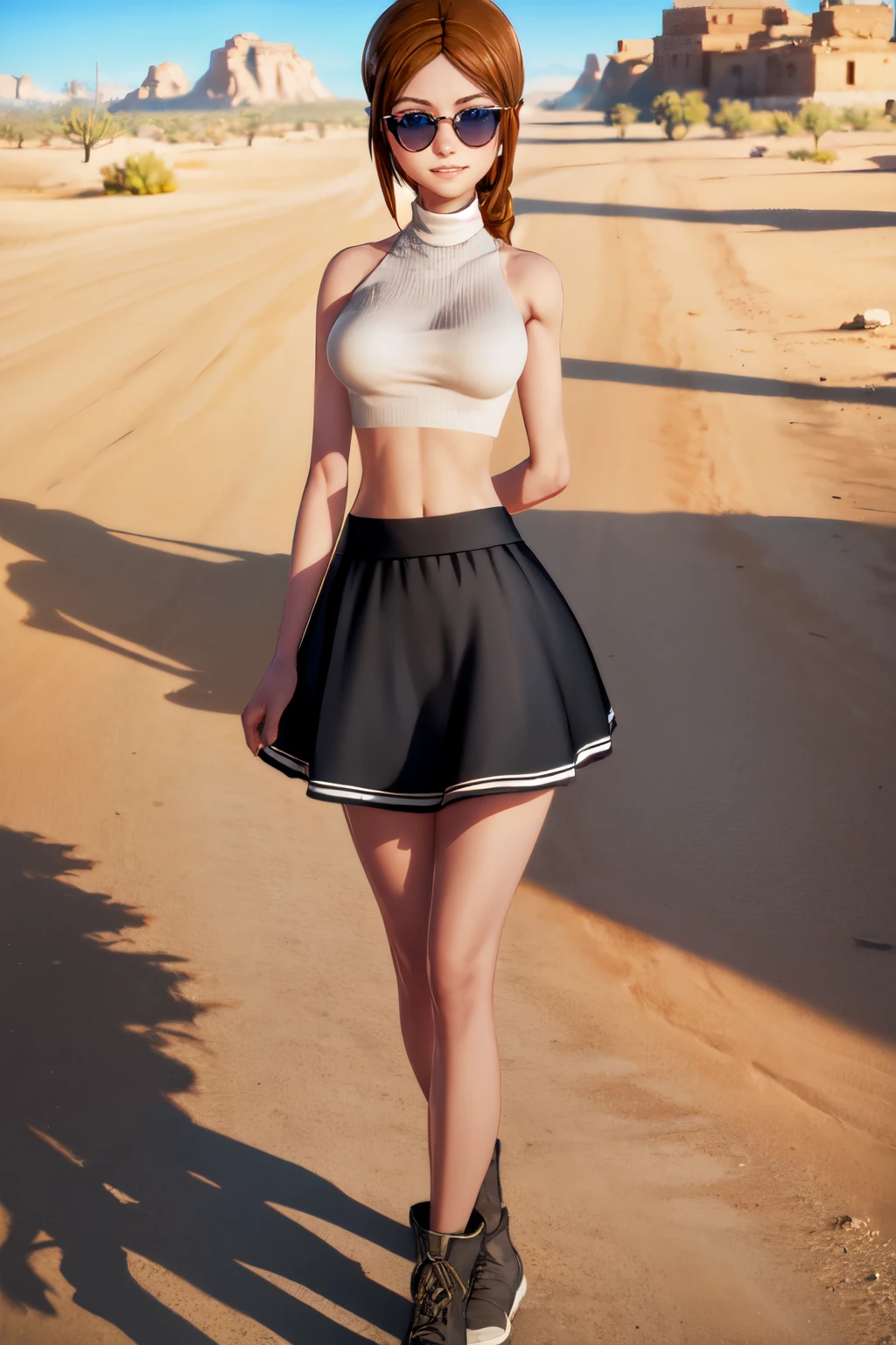 a woman walking on a desert road, small village, sunny, blue sky, dark sunglasses, dynamic sexy pose, shy smile,beautiful eyes, beautiful girl, high detail skin, high detail eyes, high detail hair, highres, ultra detailed, sharpen picture, Highly detailed, masterpiece, best quality, photorealistic,
 <lora:JulieLoRA:0.8> 1girl, long hair, braid, skirt, bare shoulders, sleeveless, midriff, turtleneck, footwear