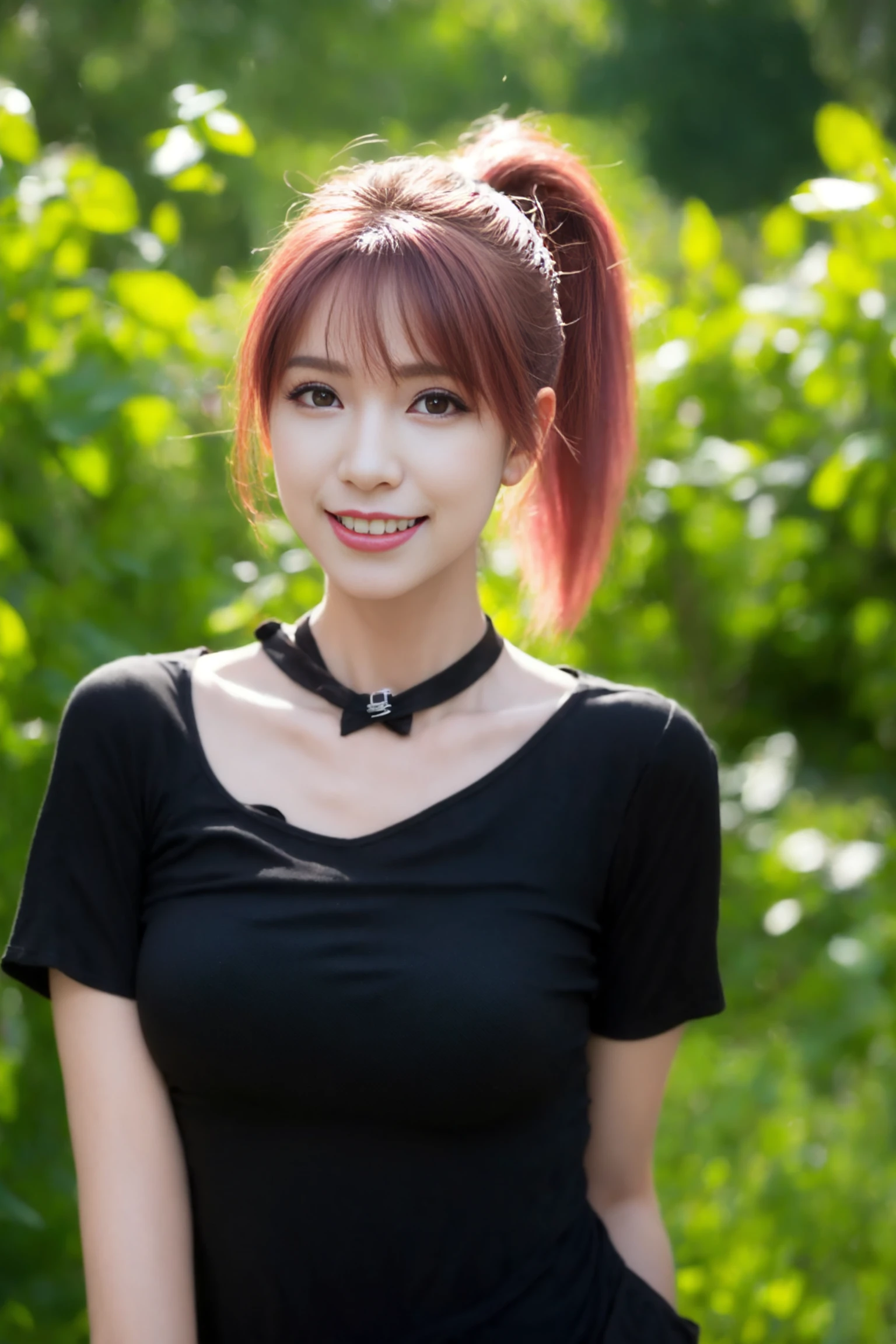 <lora:serene_v01:0.9>,
(8k, RAW photo, best quality, masterpiece:1.2), (realistic, photo-realistic:1.37), omertosa,1girl, blurry background,lake, sunlight,professional lighting, photon mapping, radiosity, physically-based rendering, backlight bokeh, blurry background,smile, ((black choker)), red lips, student ,((lights shinning on the face))
head portrait
,
sunlight, ((outdoors)) ,((light shinning on the hair))
((short t-shirt)),
((ponytail hair)), ((floating hair)), pink hair,straight hair, glowing hair,
135mm lens,,big breast,red lips,