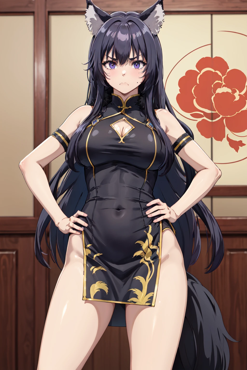 masterpiece,best quality,highres,ultra-detailed,delta,animal ears,long hair,low-tied long hair,<lora:delta_(kage_no_jitsuryokusha_ni_naritakute!):0.7>,bare shoulders,china dress,chinese clothes,short dress,cleavage cutout,sideboob,thighs,hands_on_hips,(furrowed_brow:1.2),indoors,front view,from_below,