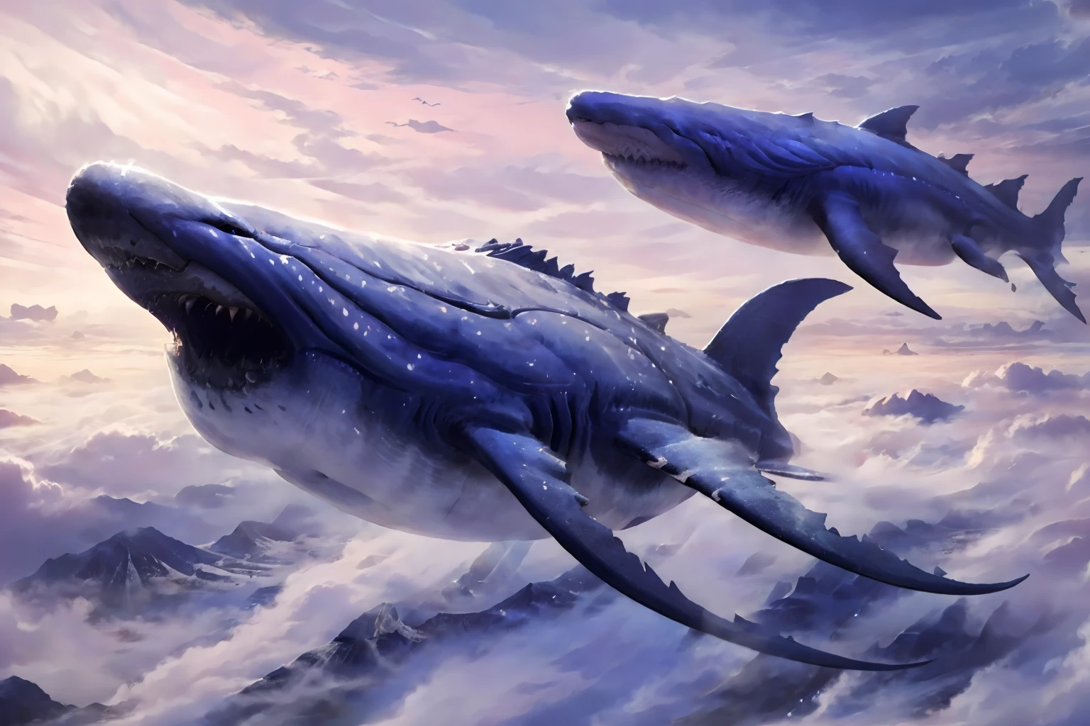 shanhai,cloud,no humans,sky,(cloudy sky:1.2),monster,glowing,blue eyes,whale,scenery,<lora:shanhai_20240210174002:0.8>,(flying:1.2),(pink theme:1.2),