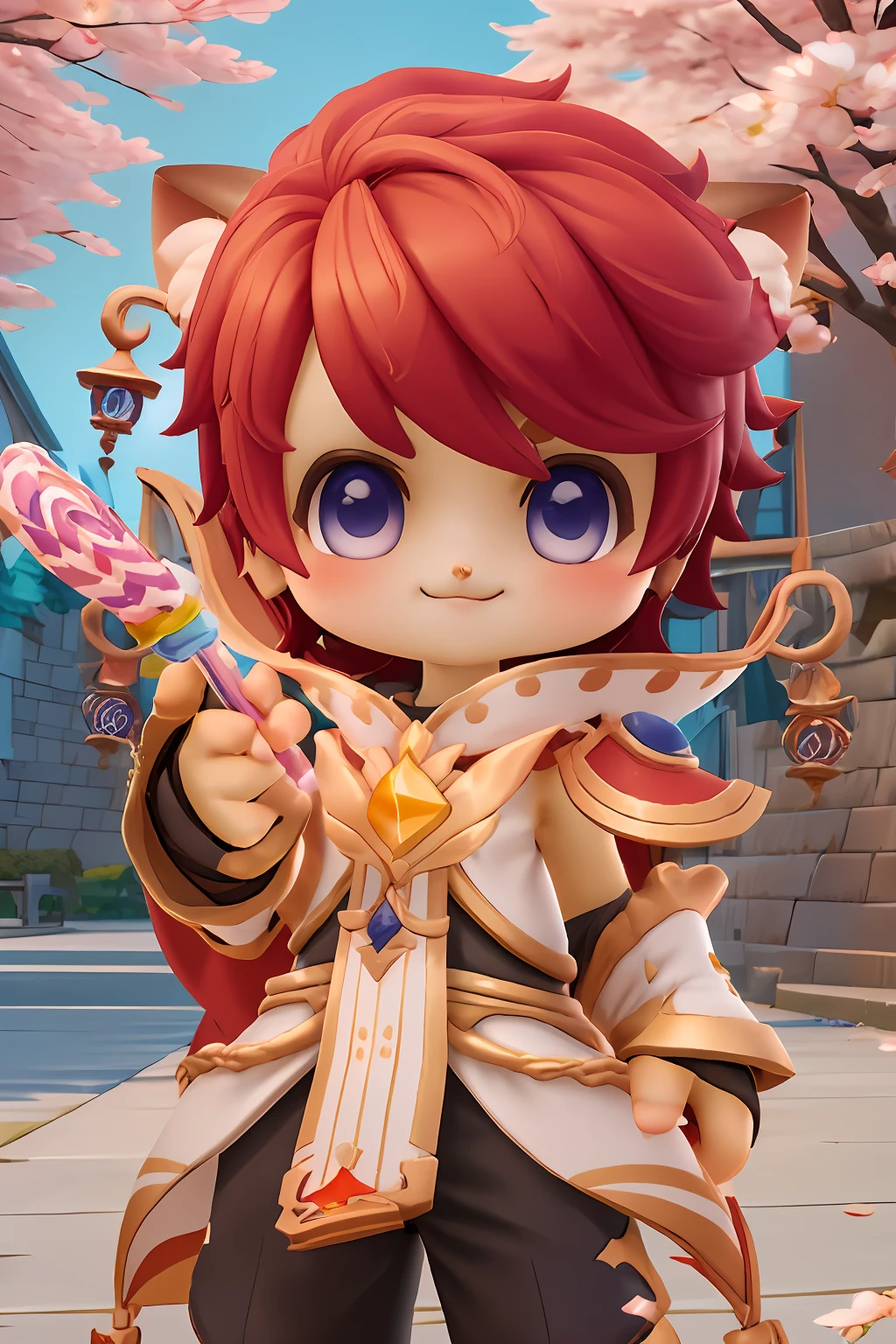 chibi, masterpiece, best quality, ultra-detailed, 1boy, solo, red hair,  ragnarok_doram_m, smile, holding candy, holding lollipop,  cowboy shot, looking at viewer,  cherry blossoms, Golden hour gleam theme, vivid colors, tranquil and magical atmosphere, cartoon rendering,
<lora:ragnarok_doram_m-10:0.8> <lora:add_detail:0.5>