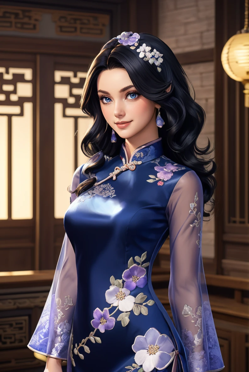 Concept Art for Video Games cowboy shot, (black wavy hair:1.3), woman, smile, ch30ngs4m_1, blue long silk cheongsam, silver and pale lavender embroidered flowers, sheer sleeves, hair decoration, <lora:ch30ngs4m_1-12:0.65>, , Creating concept art for video games, often for characters, levels, or game mechanics.