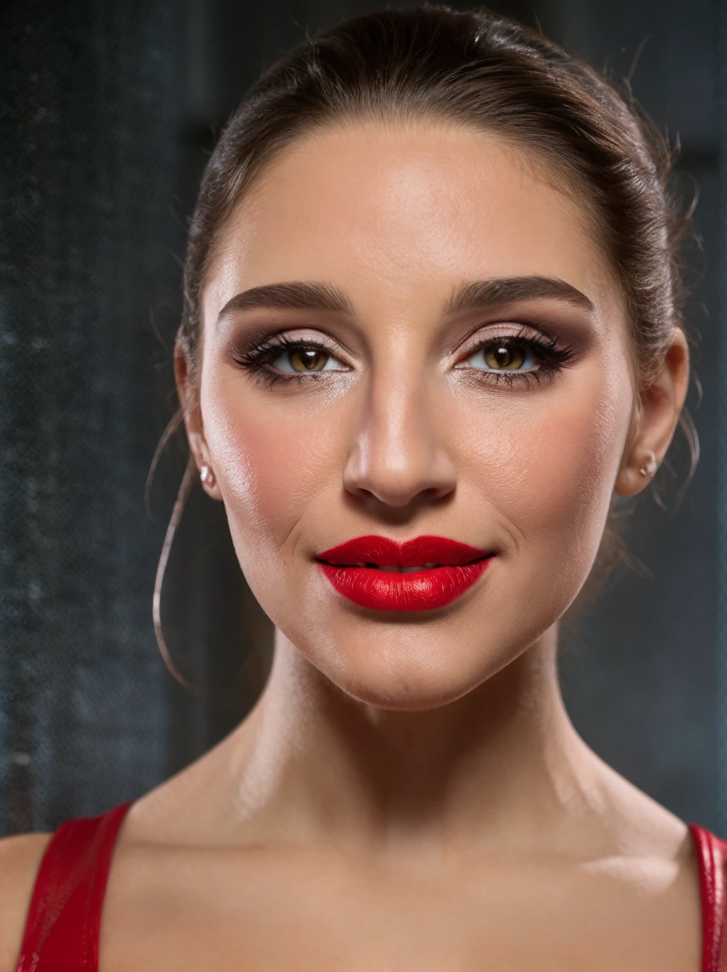 <lora:quiron_AbellaDanger_v1_lora:0.87> AbellaDangerQuiron, a happy woman, makeup, gloss light red lips, a realistic dragon at background,, skin pores, perfect iris,  perfect eyes,  serious, portrait, linkedin, grey background,