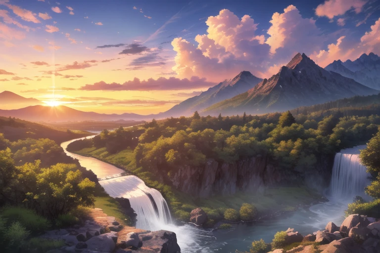 (masterpiece, best quality, high quality, highres, ultra-detailed),sunset,mountain,waterfall,river,