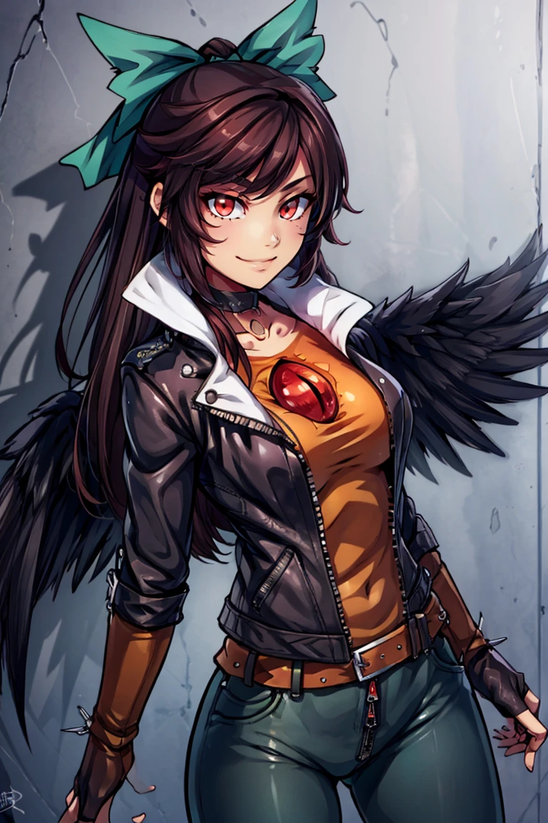 leather jacket, leather pants, black jacket, tight pants, black choker, zipper, fingerless gloves, biker clothes, spikes, unzipped, multiple belts, shiny clothes, high collar, (graffiti:1.2), brick wall, ((masterpiece,best quality)), absurdres, <lora:Reiuji_Utsuho_Touhou:0.8>, Reiuji_Utsuho_Touhou, 1girl, reiuji utsuho, solo, green bow, long hair, third eye, red eyes, black wings, bird wings, solo, smiling, looking at viewer, cowboy shot,