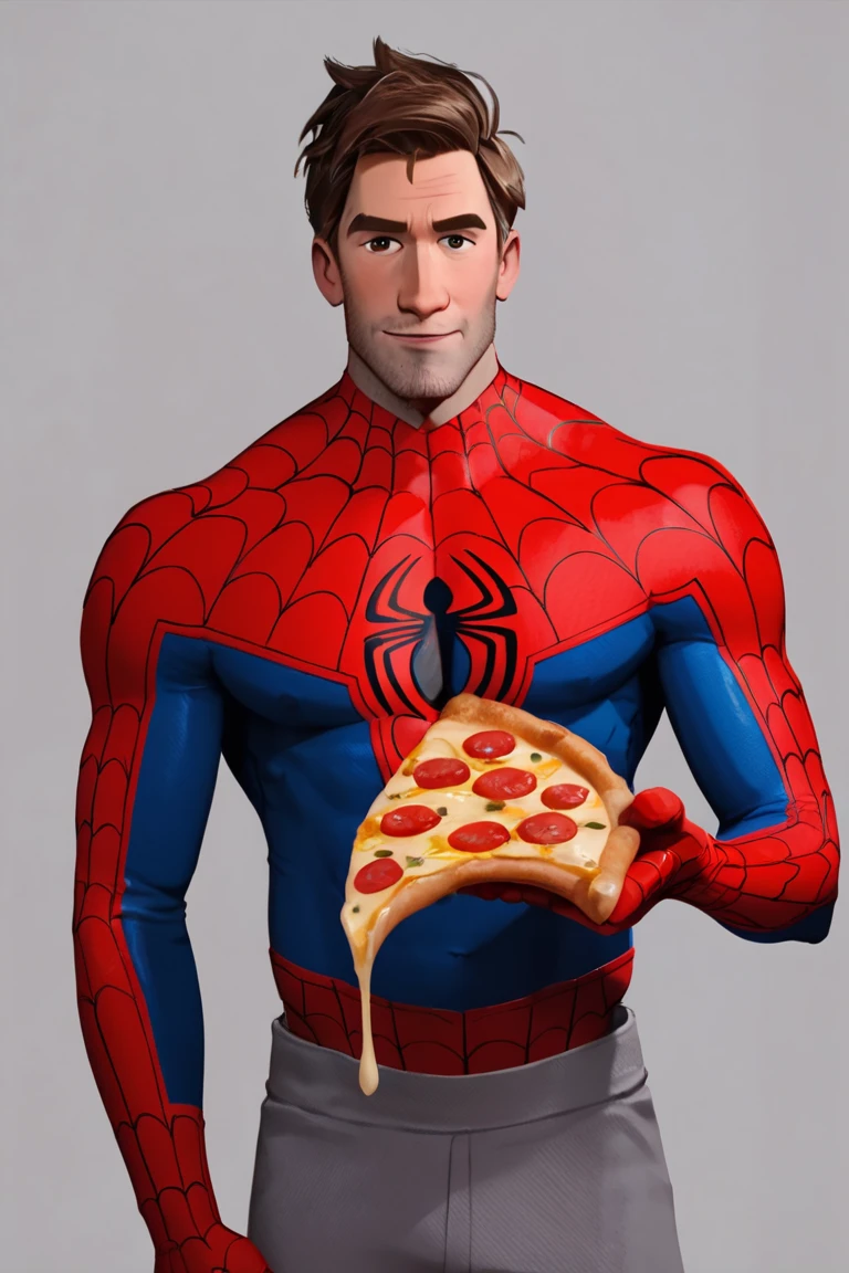peterbparker, spideysuit, 1boy, solo, male focus, mature male, short hair, brown hair, brown eyes, thick eyebrows, facial hair, stubble, superhero, spider web print, red bodysuit, blue bodysuit, multicolored clothes, looking at viewer, smile, cowboy shot, food, holding pizza, pizza slice, grey pants, simple background, masterpiece, best quality <lora:Spider-Man (Peter B. Parker) v1.0 SDXL_LoRA_Animagine XL V3:0.85>