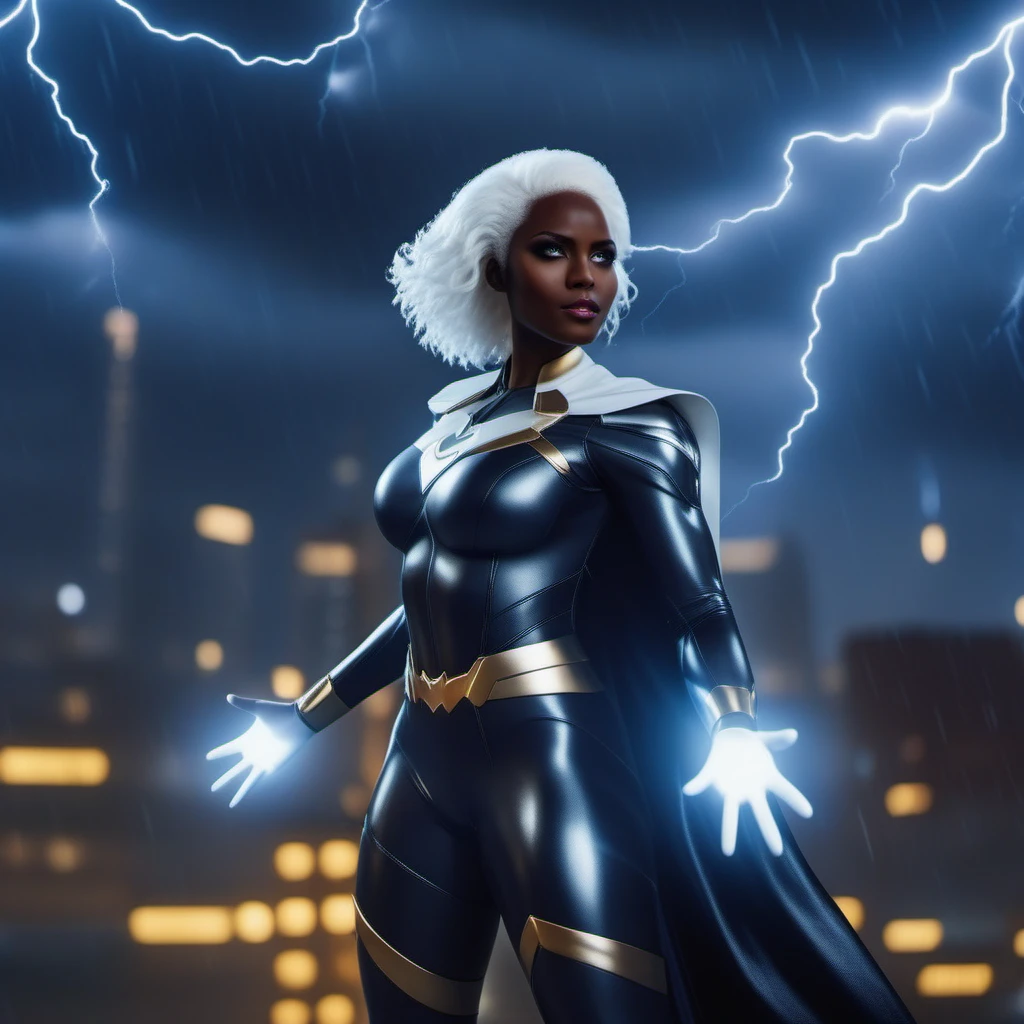 cinematic photo a black woman with white hair, super hero, storm, white eyes, standing powerfull in the rain, city, drmatic, masterpiece <lora:Storm1024-000105:0.8> . 35mm photograph, film, bokeh, professional, 4k, highly detailed