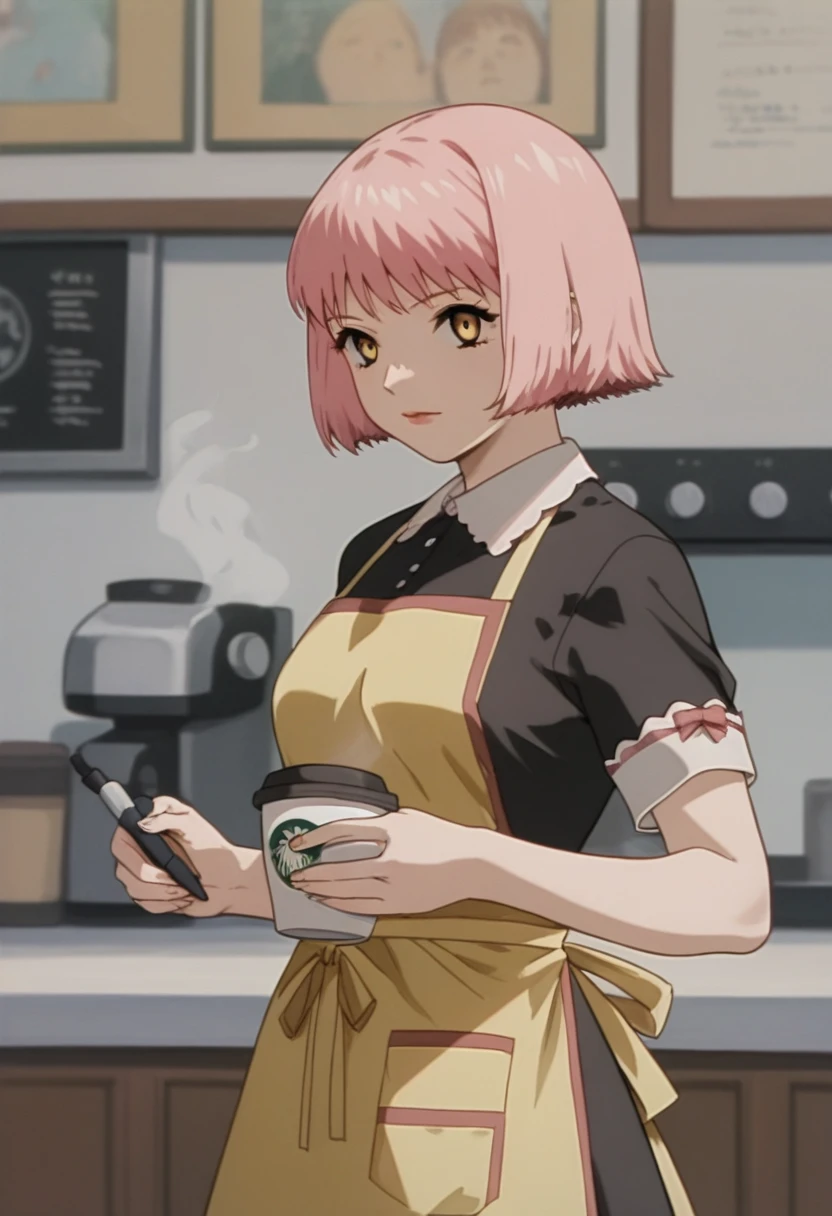 score_9, score_8, score_7, source_anime,
rating_general,
<lora:mikura-ponyxl-000030:1> mikuraova, pink hair,
dress, black shirt, apron, yellow apron, white frills, short sleeves,
1girl, barista, coffee maker \(object\)