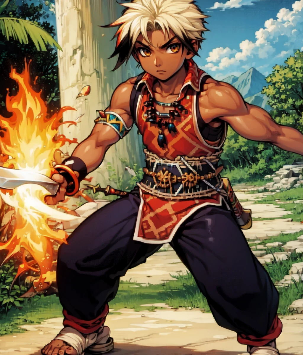 masterpiece, anime screencap, 1 boy, solo, dagger, fighting, flames, blonde hair, black streaked hair, brown skin, bare arms, native american clothes, bare arms, wristbands, valley, full body, outdoors, cowboy shot <lora:Hugo:0.8>