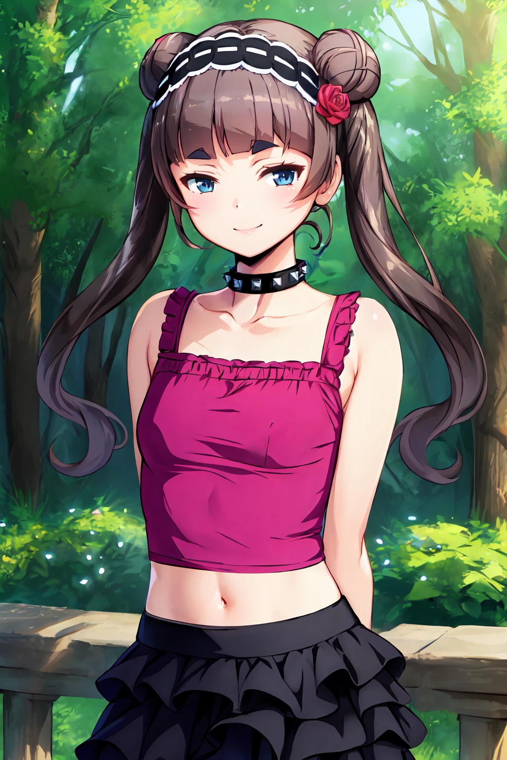 (masterpiece, best quality:1.2), highres, anime screencap, anime coloring, 1girl, solo, light smile,
krtk_V1, brown hair, black hair, long hair, twintails, double bun, blunt bangs, short eyebrows, thick eyebrows, blue eyes,
black hairband, frilled hairband, hair flower, black choker, spiked choker
BREAK bare shoulder, collarbone, pink tank top, crop top, midriff, navel,
black skirt, frilled skirt, layered skirt, miniskirt,
standing, arms behind back,
looking at viewer, cowboy shot, outdoors, park, day, dappled sunlight,
<lora:add_detail_CyberAlchemist:0.4>, <lora:GoodHands-beta2:0.8>, <lora:krtkV1_1-000009:0.9>