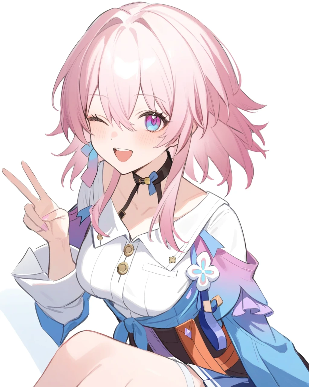 masterpiece,best quality,<lora:star_rail_all:1>,1girl, solo, upper body, holding camera, sitting, blush, smile, medium hair, pink hair, sidelocks, medium breasts, v, ;d, absurdres, black choker, black corset, blue jacket, blue skirt, collared shirt, flower ornament, gradient eyes, hair between eyes, highres, honkai: star rail, honkai \(series\), long bangs, long sleeves, looking at viewer, march 7th \(honkai: star rail\), one eye closed, open mouth, pleated skirt, simple background, single earring, thigh strap, tied jacket, two-tone eyes, upper teeth only, white background, white shirt, white sleeves,