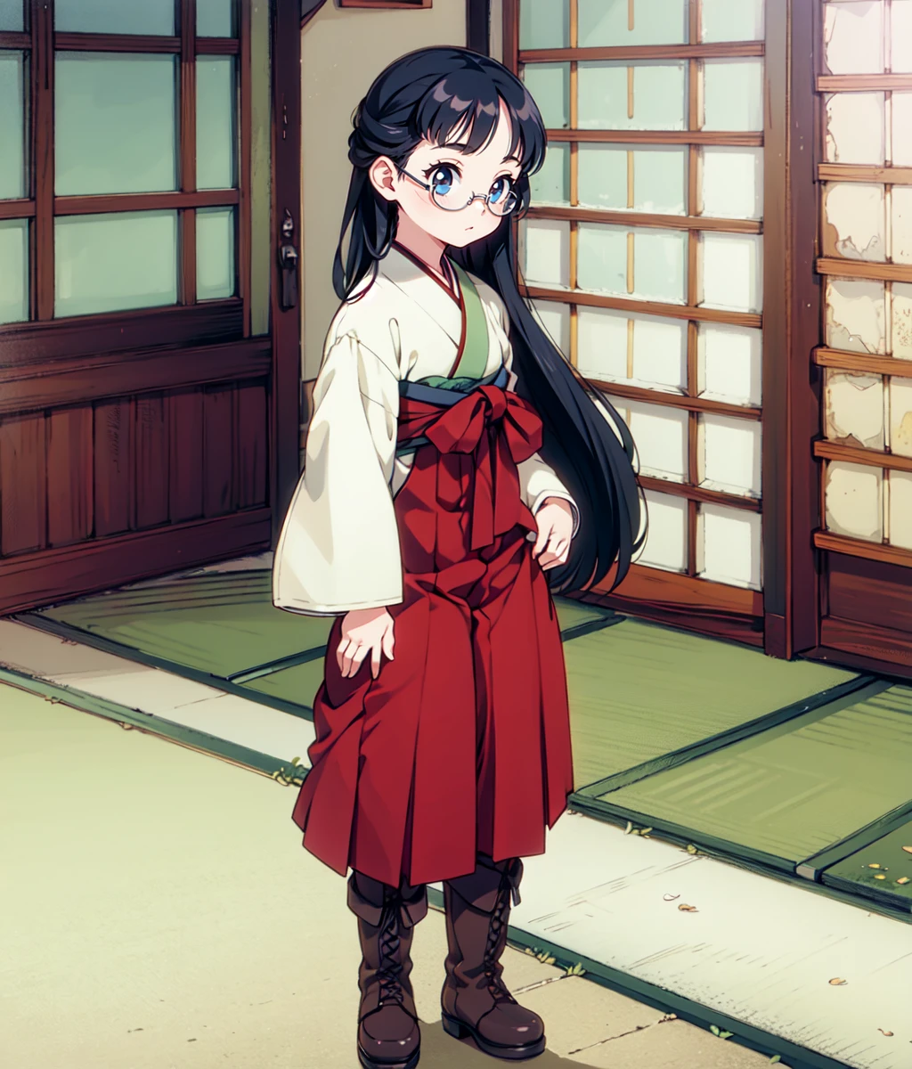 masterpiece, anime screencap, 1 girl, solo, black hair, long hair, japanese clothes, long sleeves, red hakama, boots, round glasses, full body, cowboy shot, indoors, dojo, <lora:Sanae:1>