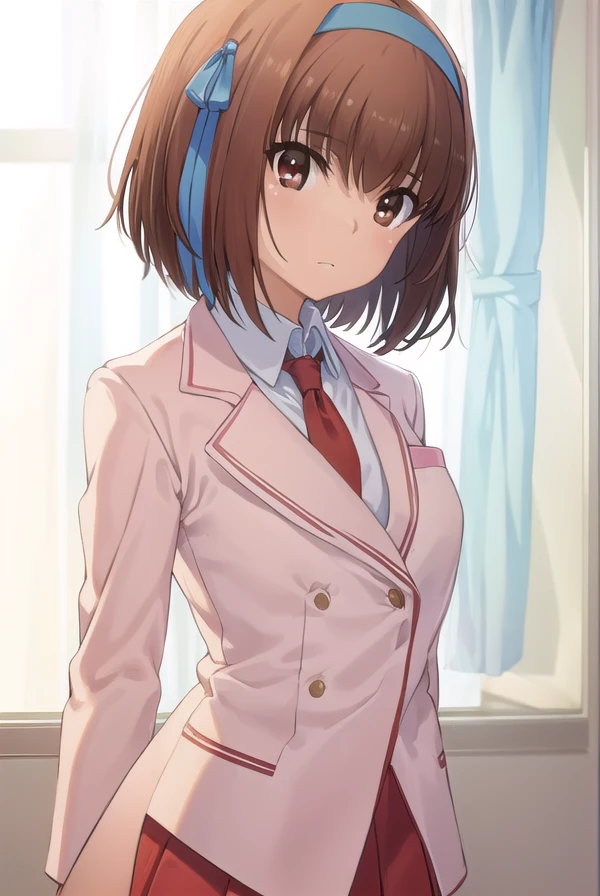 soratakanashi, <lora:sora takanashi s1-lora-nochekaiser:1>,
sora takanashi, short hair, brown hair, ribbon, (brown eyes:1.5), hair ribbon, ahoge, hairband, blue ribbon, blue hairband,
BREAK skirt, school uniform, jacket, necktie, blazer, (pink blazer:1.2), (red skirt:1.2),
BREAK indoors, classroom,
BREAK looking at viewer, (cowboy shot:1.5),
BREAK <lyco:GoodHands-beta2:1>, (masterpiece:1.2), best quality, high resolution, unity 8k wallpaper, (illustration:0.8), (beautiful detailed eyes:1.6), extremely detailed face, perfect lighting, extremely detailed CG, (perfect hands, perfect anatomy),