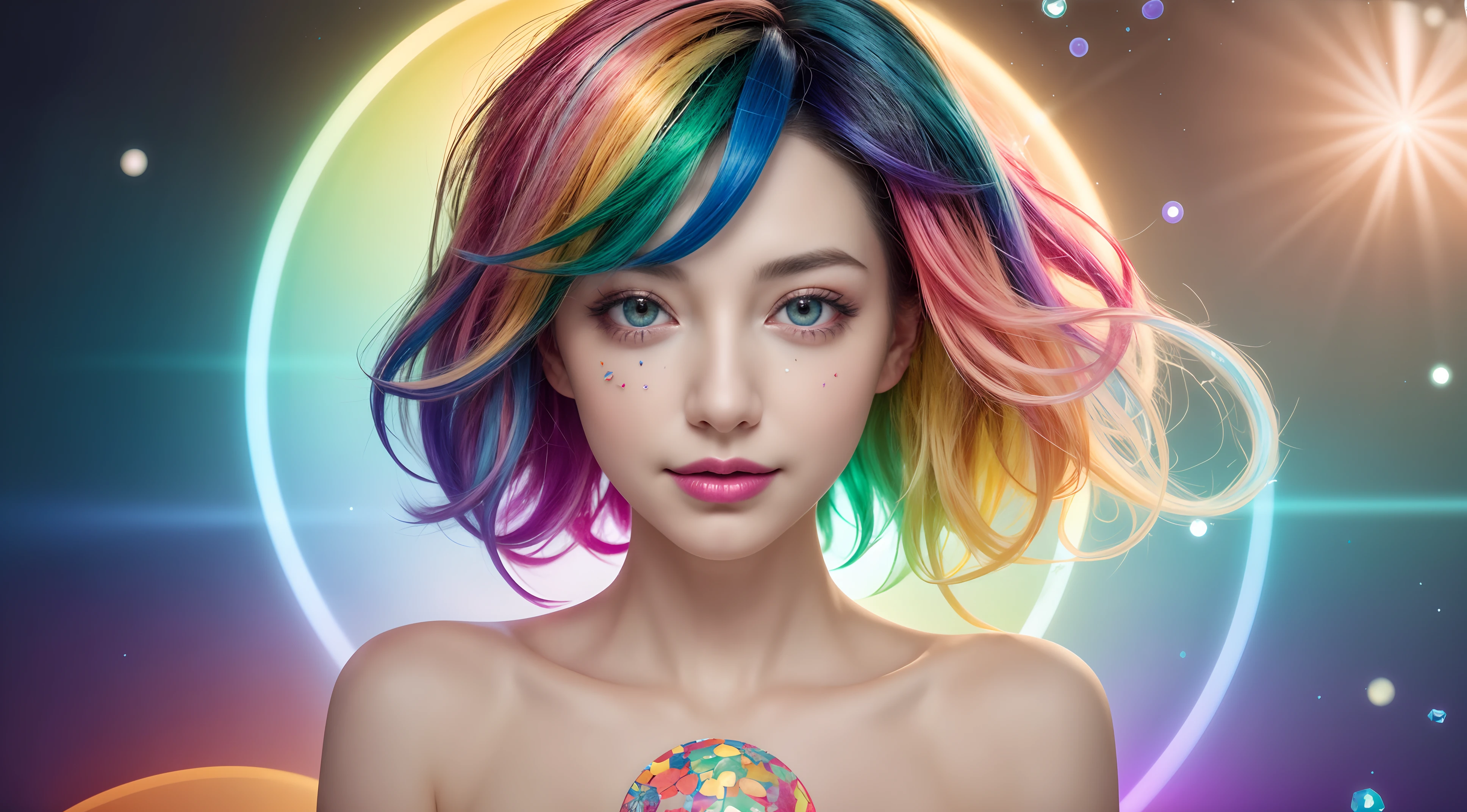 1 girl, solo, 8K, RAW photograph, gravure photograph, portrait, stylish happy woman face, white and multicolor flower, detailed symmetric glow circular, shattered paper fragments, volumetric lighting, metallic reflections,   bokeh photography, soft focus, out-of-focus highlights, dreamy ambiance, glowing circles, mesmerizing depth, kaleidoscopic patterns, symmetrical designs, optical illusions, colorful shapes, dynamic compositions, mesmerizing visuals
(enormous breasts:1.1), (multicolor hair:1.3),