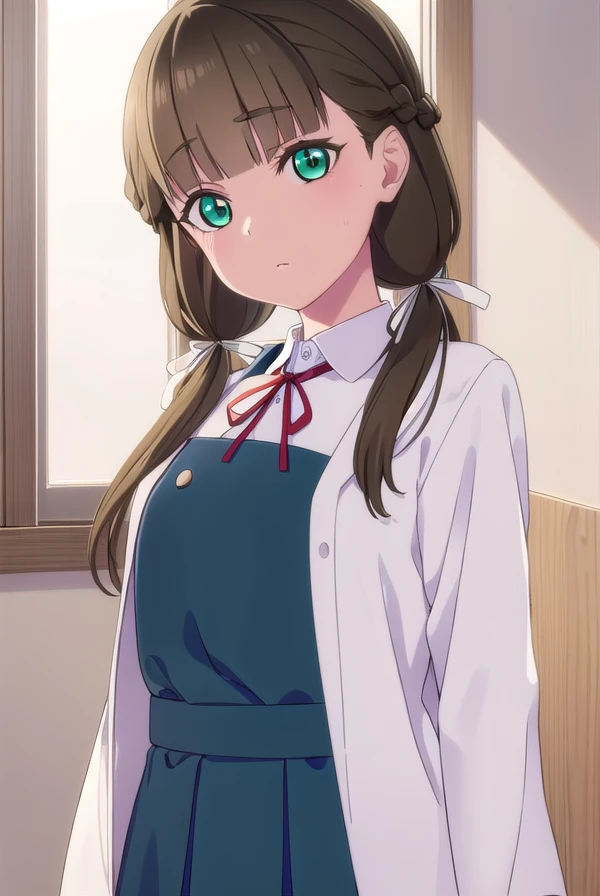 kinakosakurakouji, <lora:kinako sakurakouji s2-lora-nochekaiser:1>,
kinako sakurakouji, long hair, bangs, brown hair, twintails, (green eyes:1.3), hair ribbon, braid, blunt bangs, low twintails,
BREAK shirt, dress, ribbon, school uniform, jacket, white shirt, open clothes, collared shirt, open jacket, red ribbon, neck ribbon, blue jacket, pinafore dress, grey dress, yuigaoka school uniform,
BREAK indoors, classroom,
BREAK looking at viewer, (cowboy shot:1.5),
BREAK <lyco:GoodHands-beta2:1>, (masterpiece:1.2), best quality, high resolution, unity 8k wallpaper, (illustration:0.8), (beautiful detailed eyes:1.6), extremely detailed face, perfect lighting, extremely detailed CG, (perfect hands, perfect anatomy),