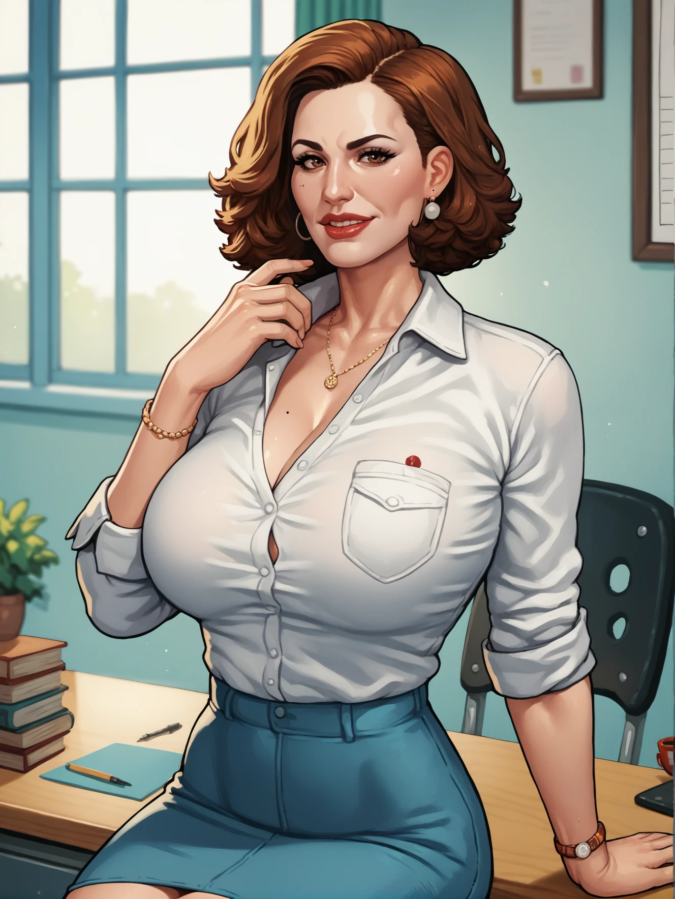 score_9, score_8_up, score_7_up, score_6_up, score_5_up, score_4_up, mature businesswoman sitting at desk looking at viewer, <lora:ReinbachXL:1>