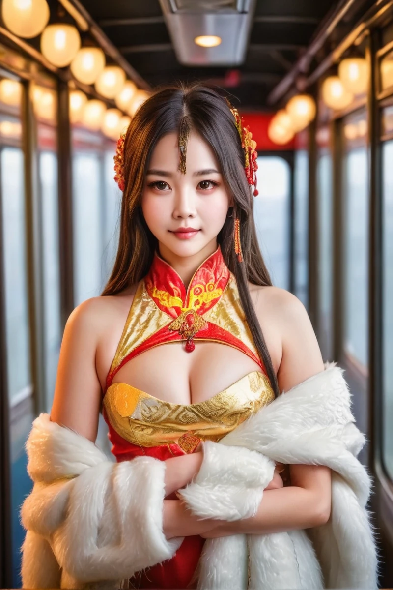 (Unity 16K Wallpaper, Masterpiece, Best Quality, Ultra-Detailed, Extremely Detailed CG, Beautiful Detailed Eyes, solo, curby, china dress, chinese clothes, thighs, voluptuous, Chinatown), Ultra High Resolution, fine skin、sexy, Sweat, character focus, smile, Chinese cuisine, cleavage cutout, brown color hair, lean your chest forward, pony tail, bent over, at the china temple